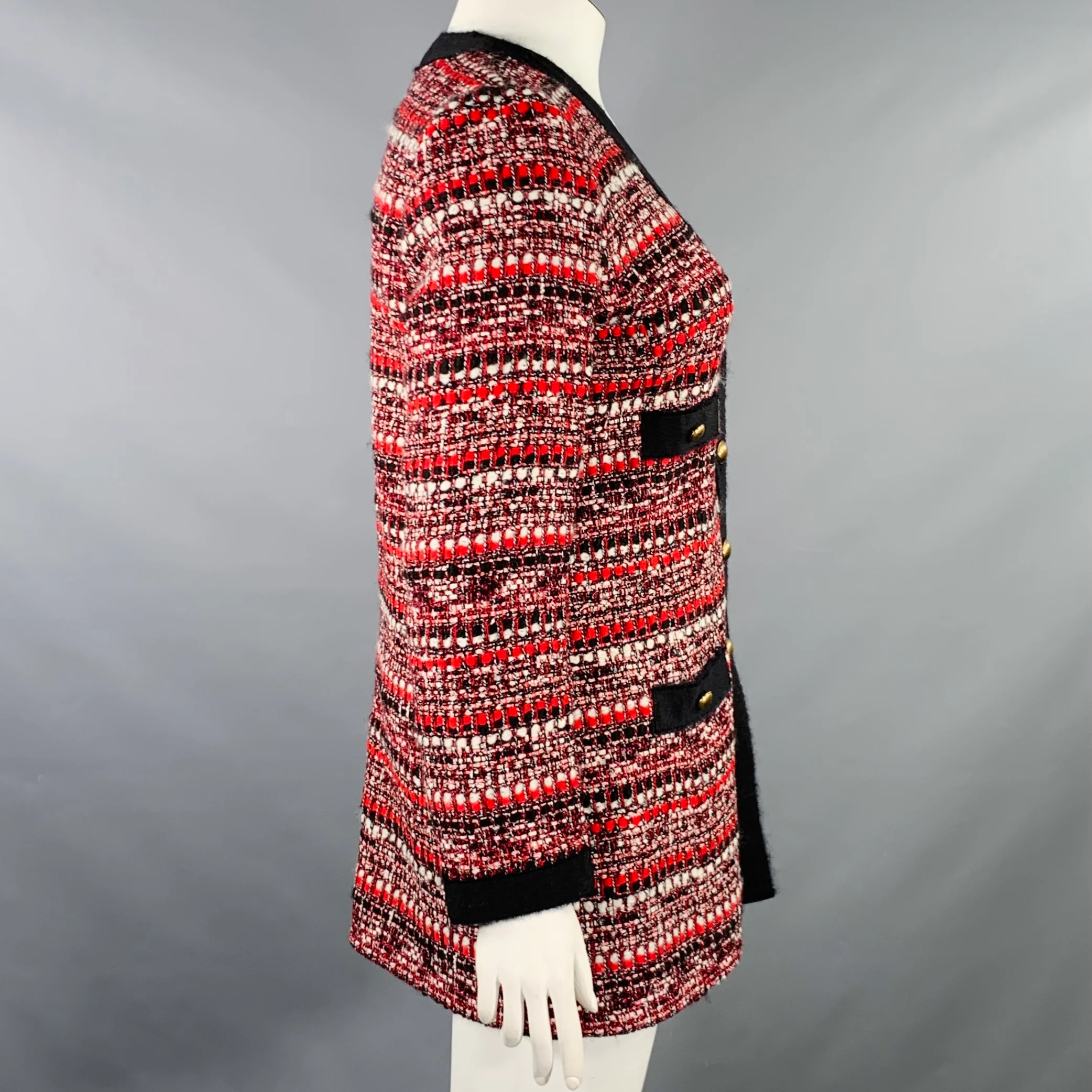 LUISA SPAGNOLI Size 10 Black Red White Wool Blend Boucle Single Breasted Coat - Image 3