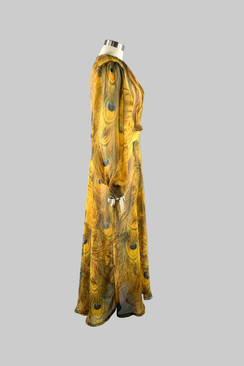 MADAME ADASSA Size XXL Yellow Brown Chiffon Peacock Long Sleeve Ankle Dress - Image 2