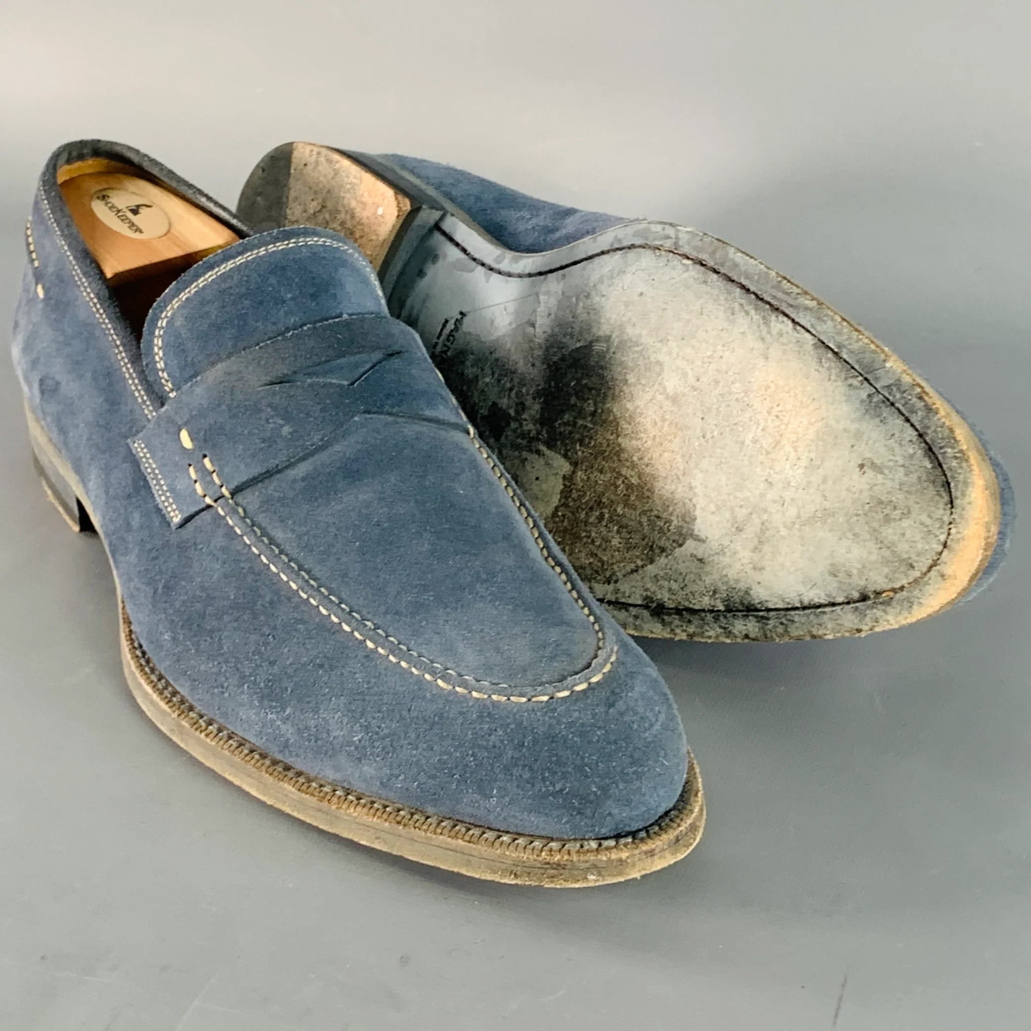 MAGNANNI Size 11 Blue Grey Contrast Stitch Suede Penny Loafers - Image 5