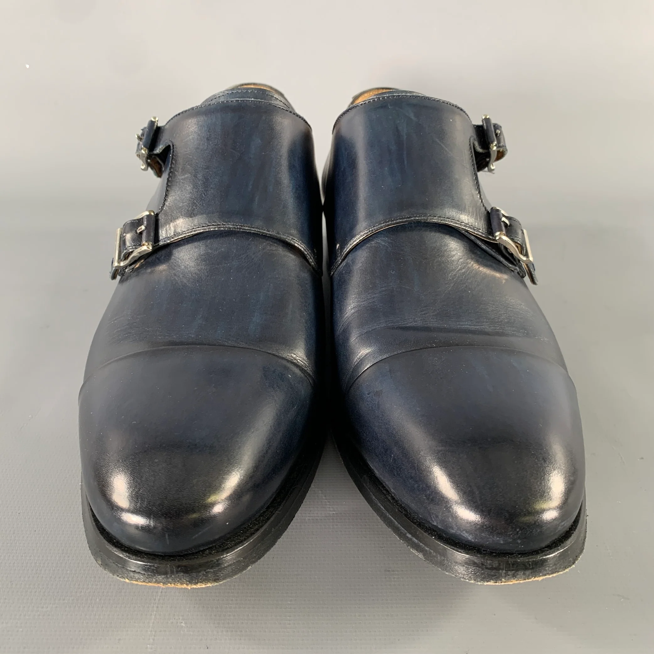 MAGNANNI Size 8 Navy Black Leather Double Monk Strap Loafers - Image 4