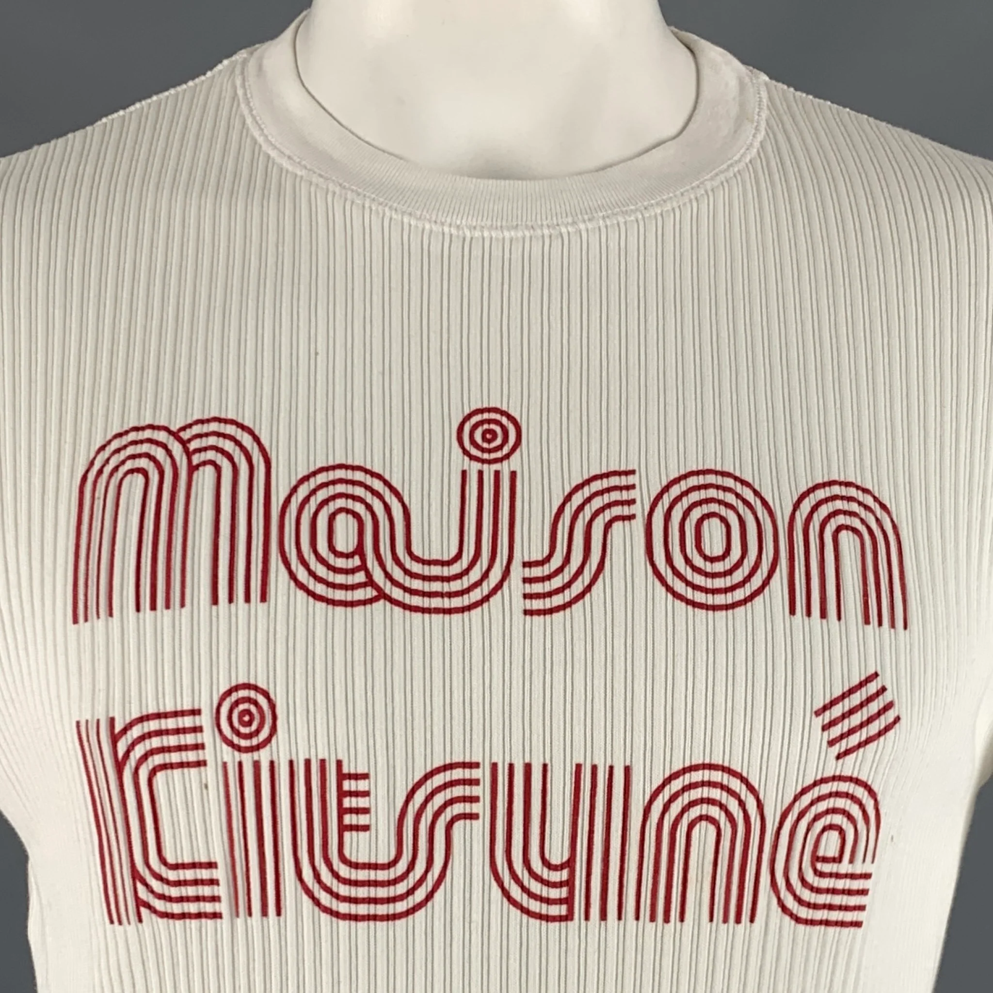 MAISON KITSUNE Size L White Red Graphic Cotton Ribbed T-shirt - Image 2