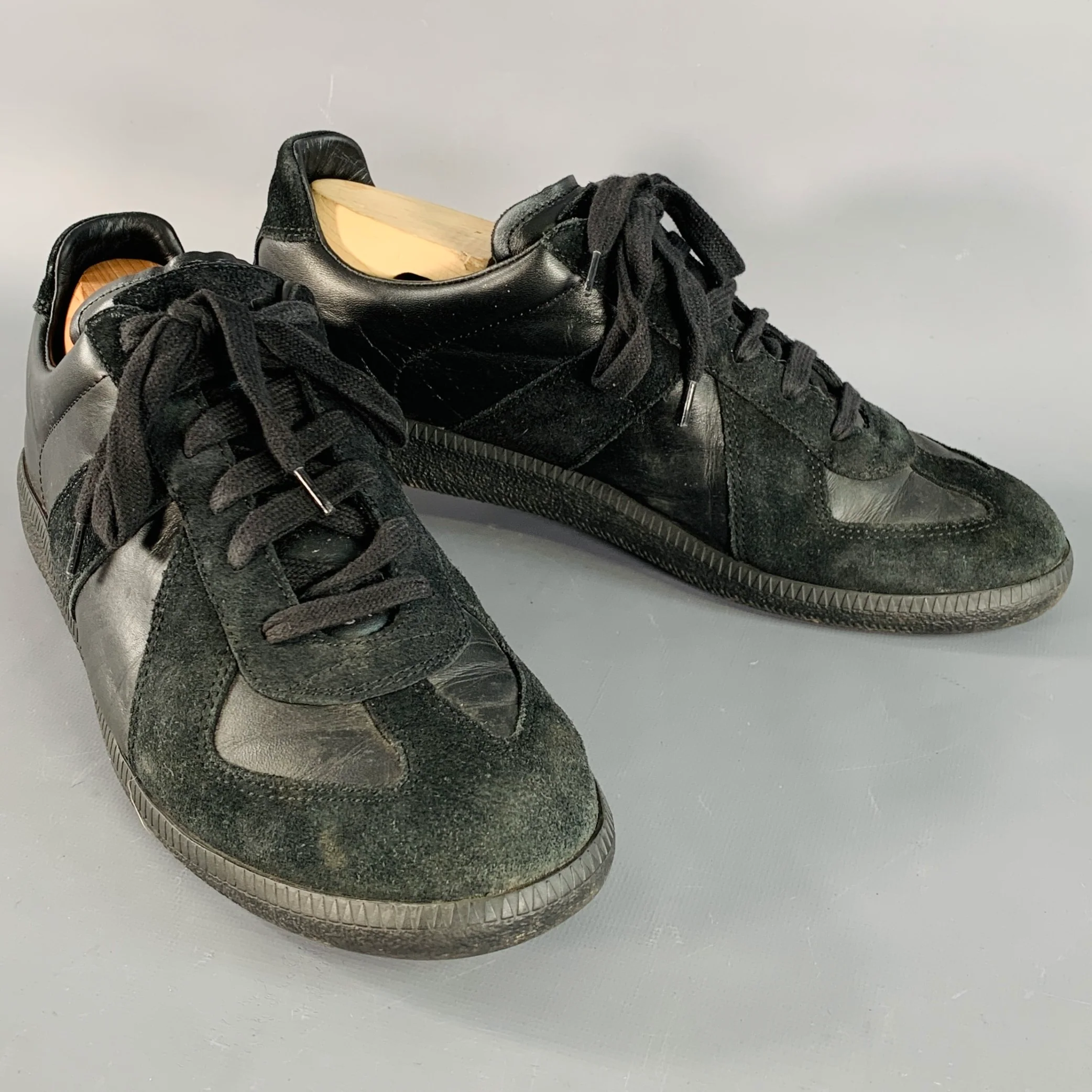 MAISON MARGIELA Size 10 Black Leather Suede Low Top Sneakers