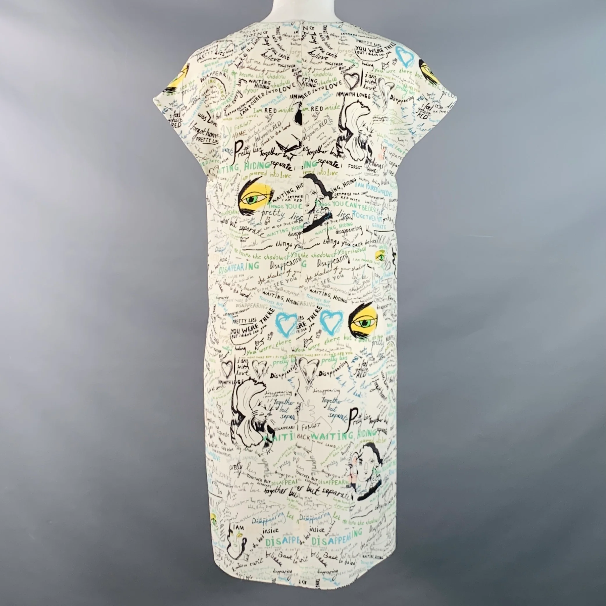 MAISON MARGIELA Size 2 White Multi Color Silk Graffiti Midi Box Dress - Image 4