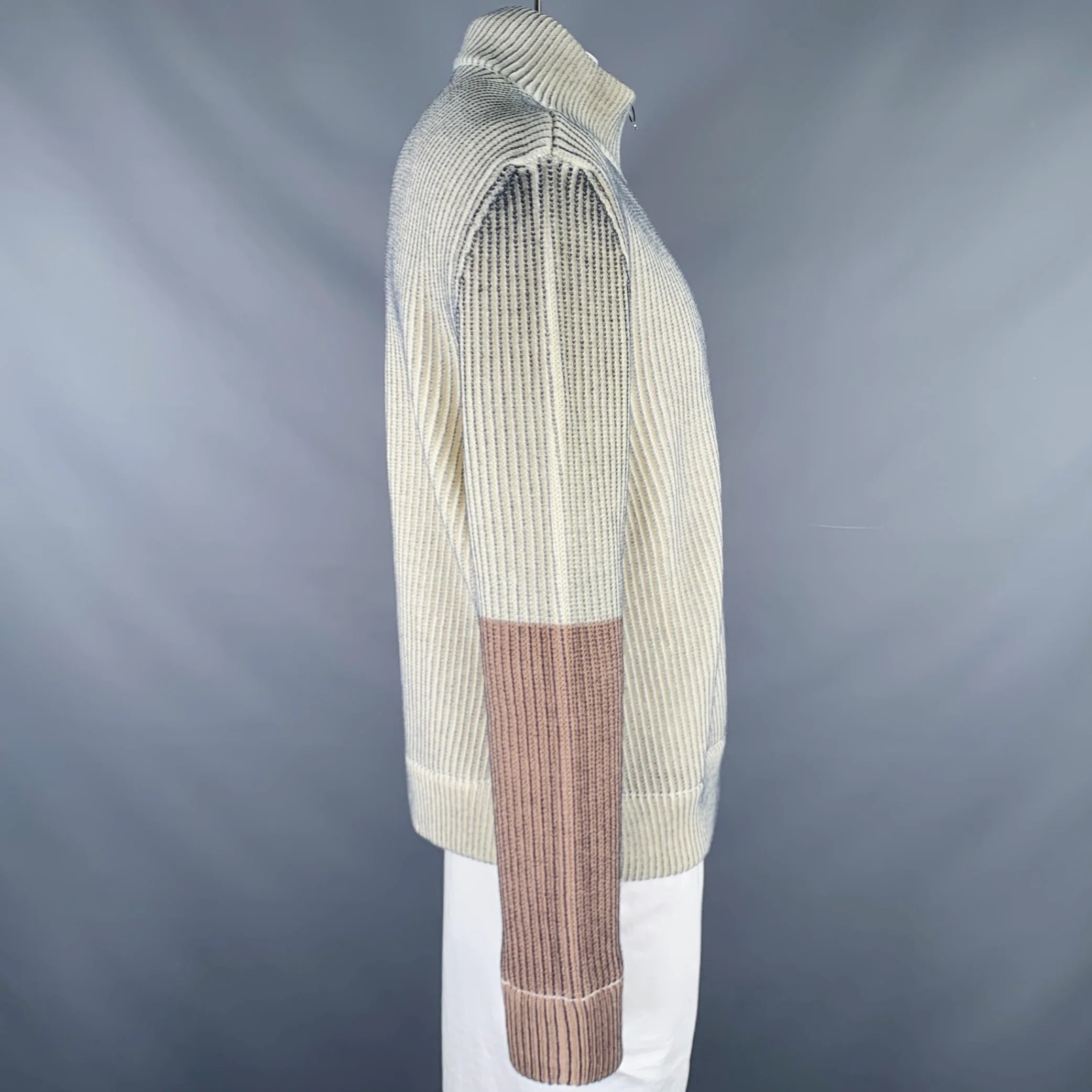 MAISON MARGIELA Size L Cream Grey Two Toned Acrylic Wool Zip Up Sweater - Image 3