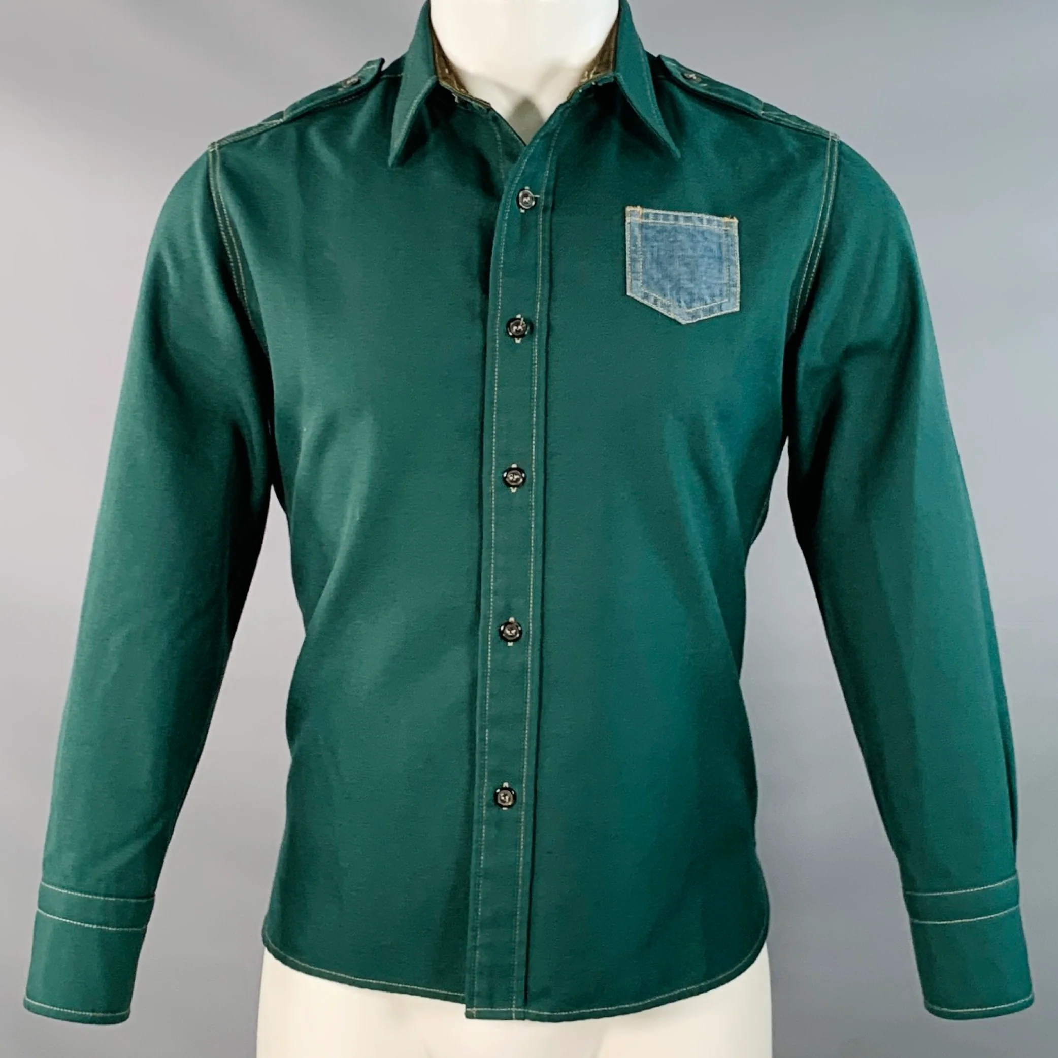 MAISON MARGIELA Size S Green Blue Contrast Trim Epaulets One Pocket Long Sleeve Shirt