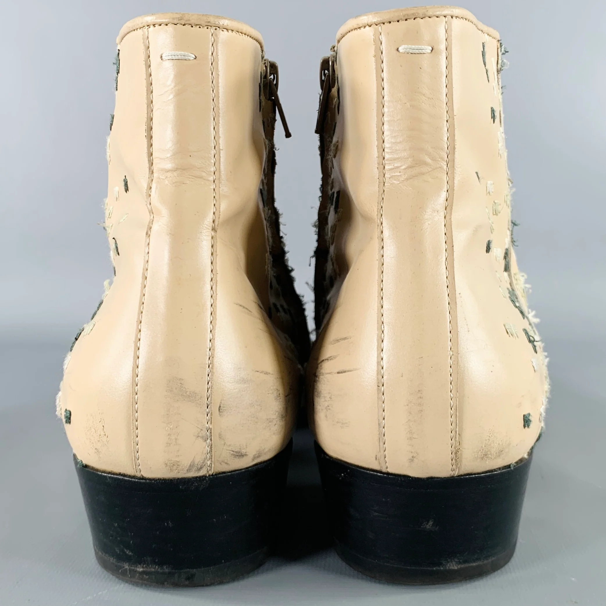 MAISON MARTIN MARGIELA Size 12 Beige Green Embroidery Side Zipper Boots - Image 3