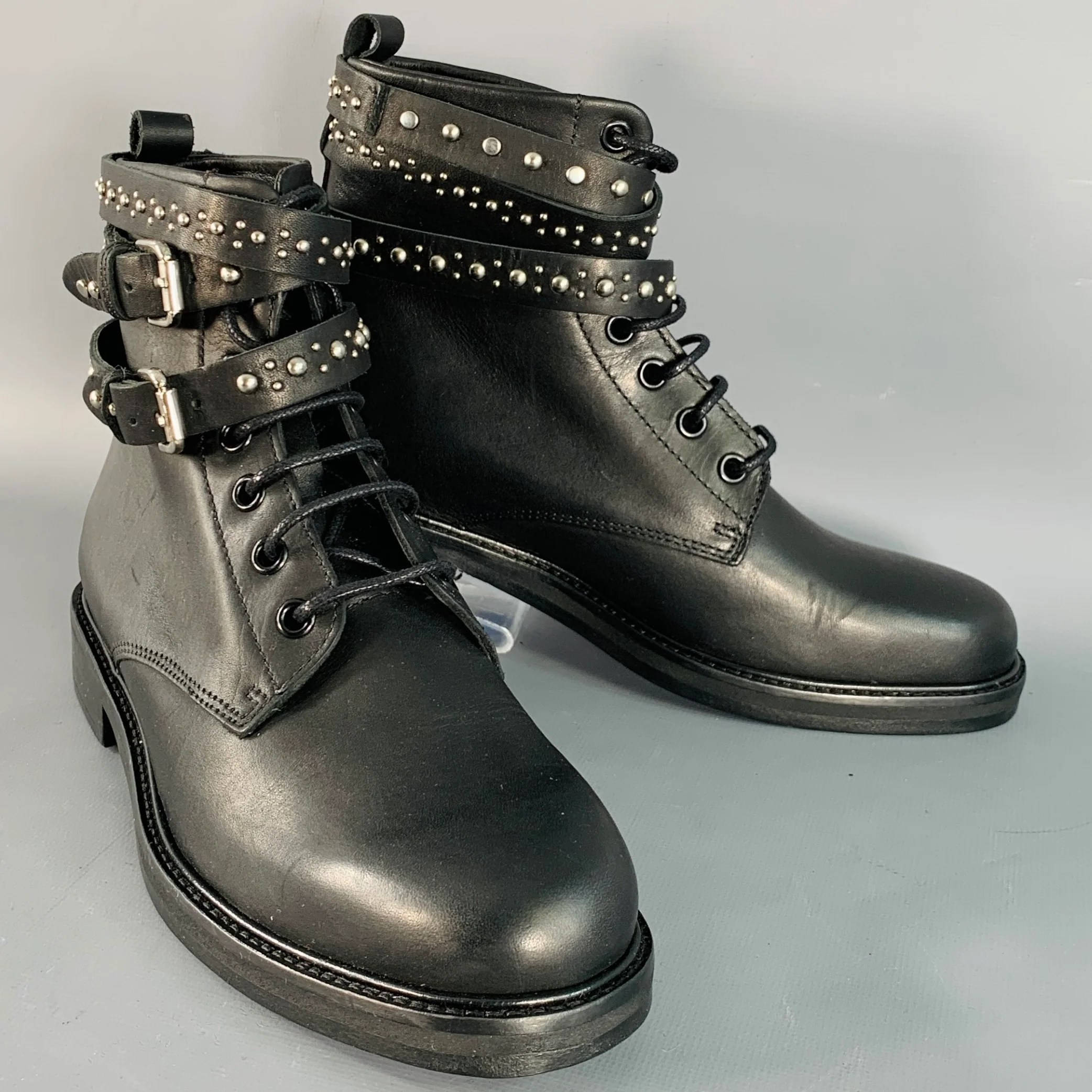 MAJE Size 6 Black Studded Leather Wrap Around Lace-Up Boots