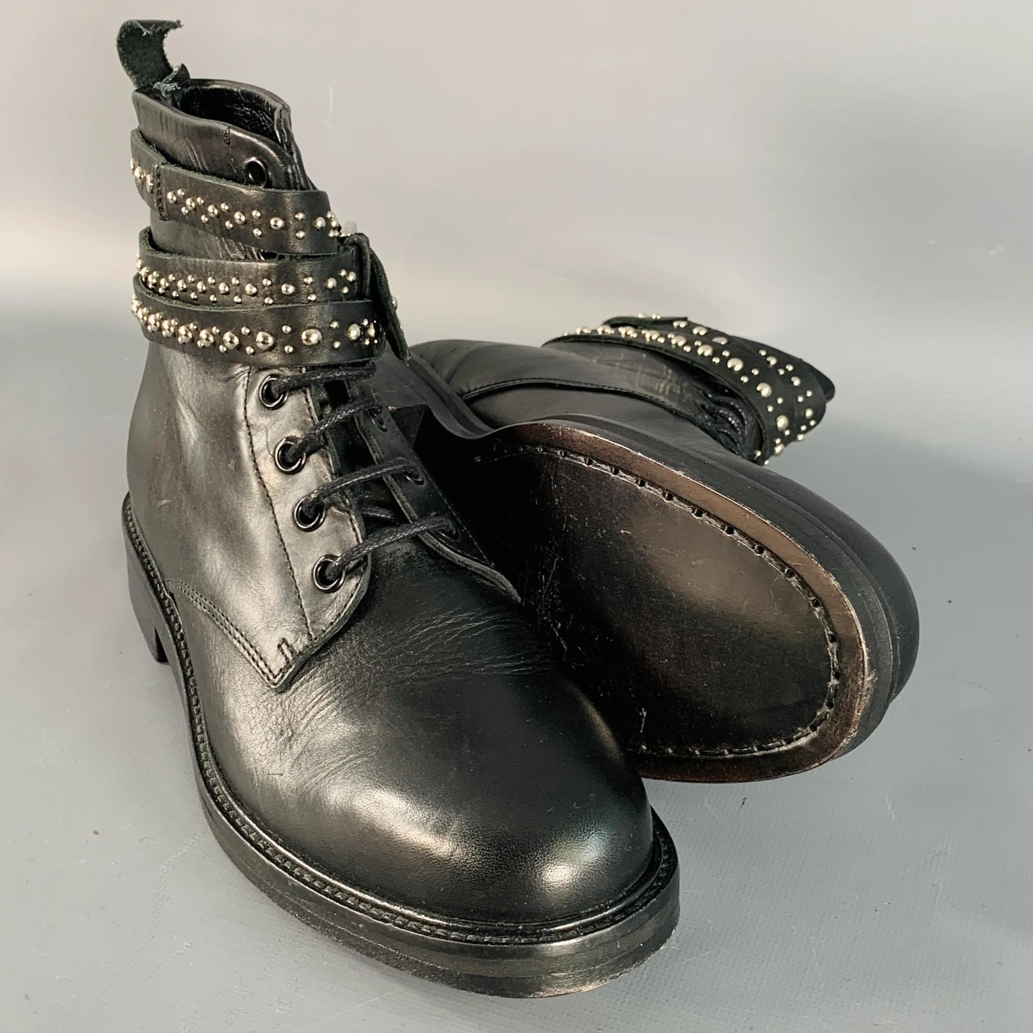 MAJE Size 7 Black Studded Leather Wrap Around Lace-Up Ankle Boots - Image 5