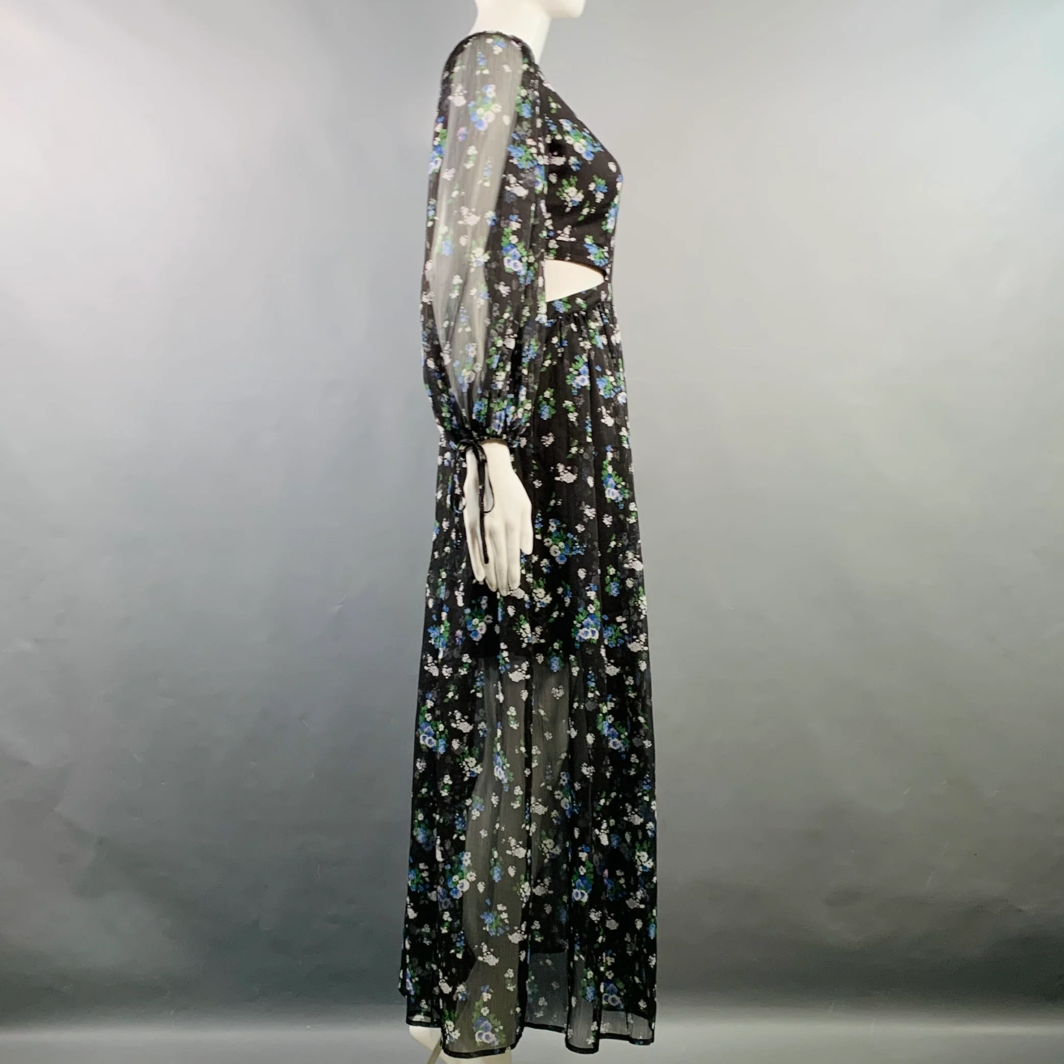 MAJE Size S Black Green Blue Chiffon Floral Cutout Midi Dress - Image 3