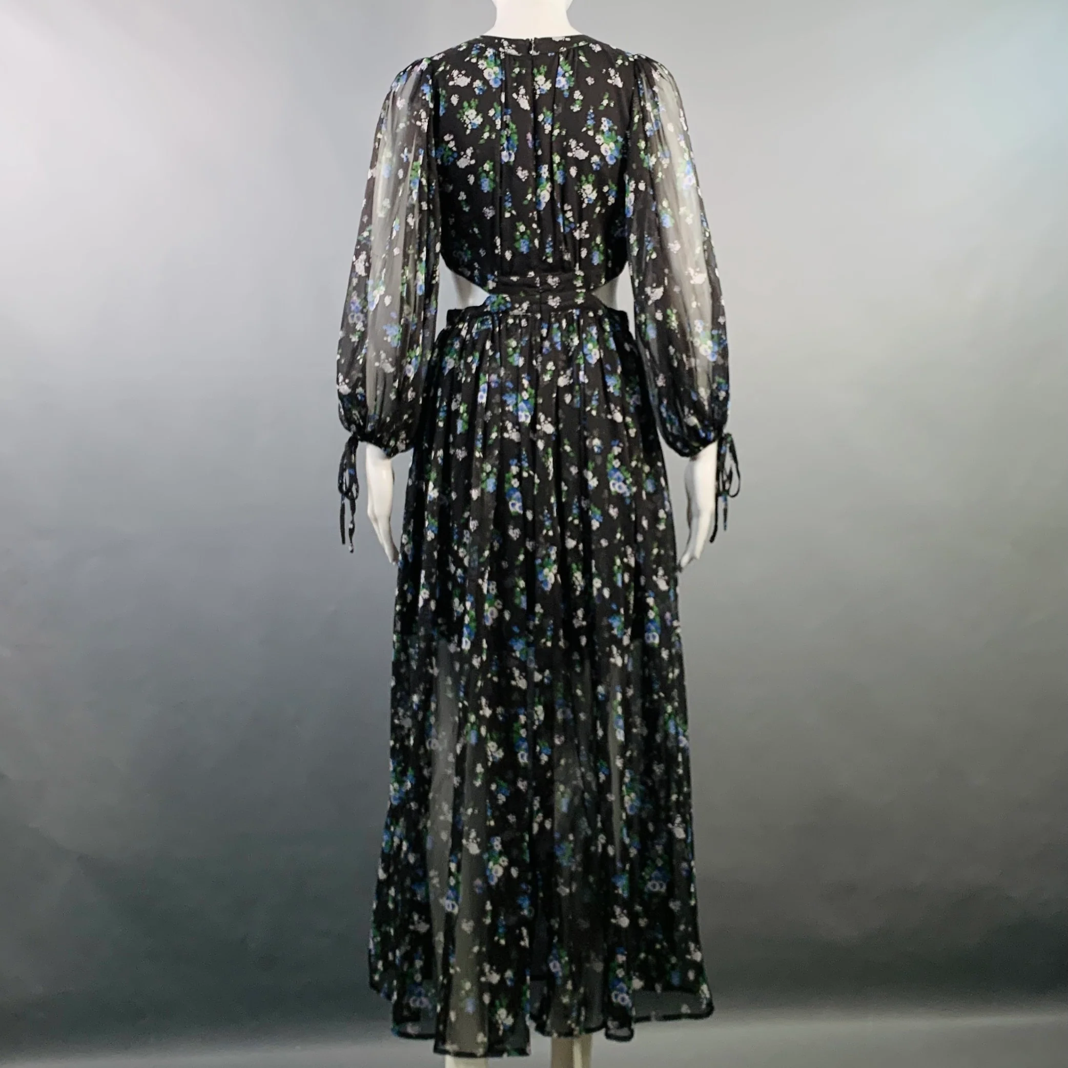 MAJE Size S Black Green Blue Chiffon Floral Cutout Midi Dress - Image 4