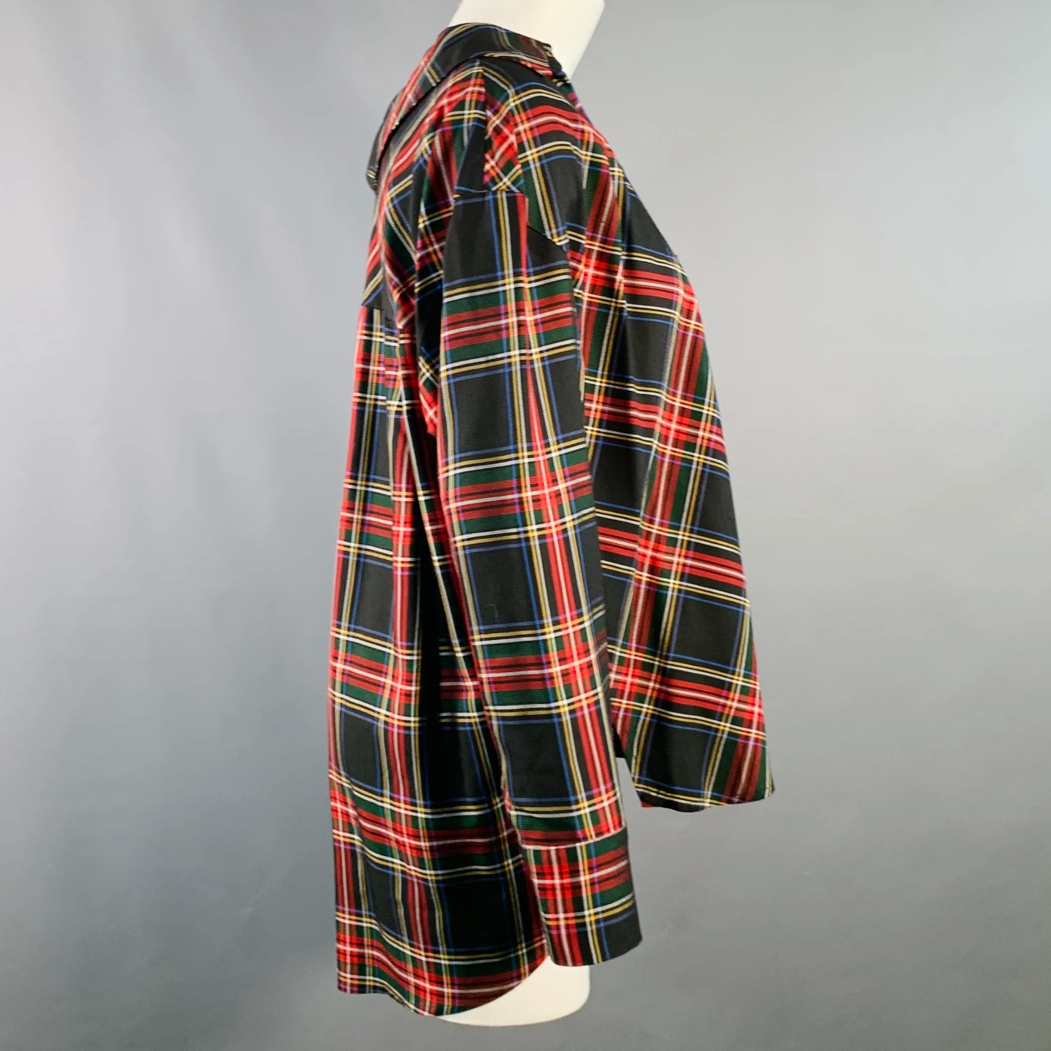 MAJE Size S Black Multi Color Acetate Blend Plaid Asymmetrical Casual Top - Image 3
