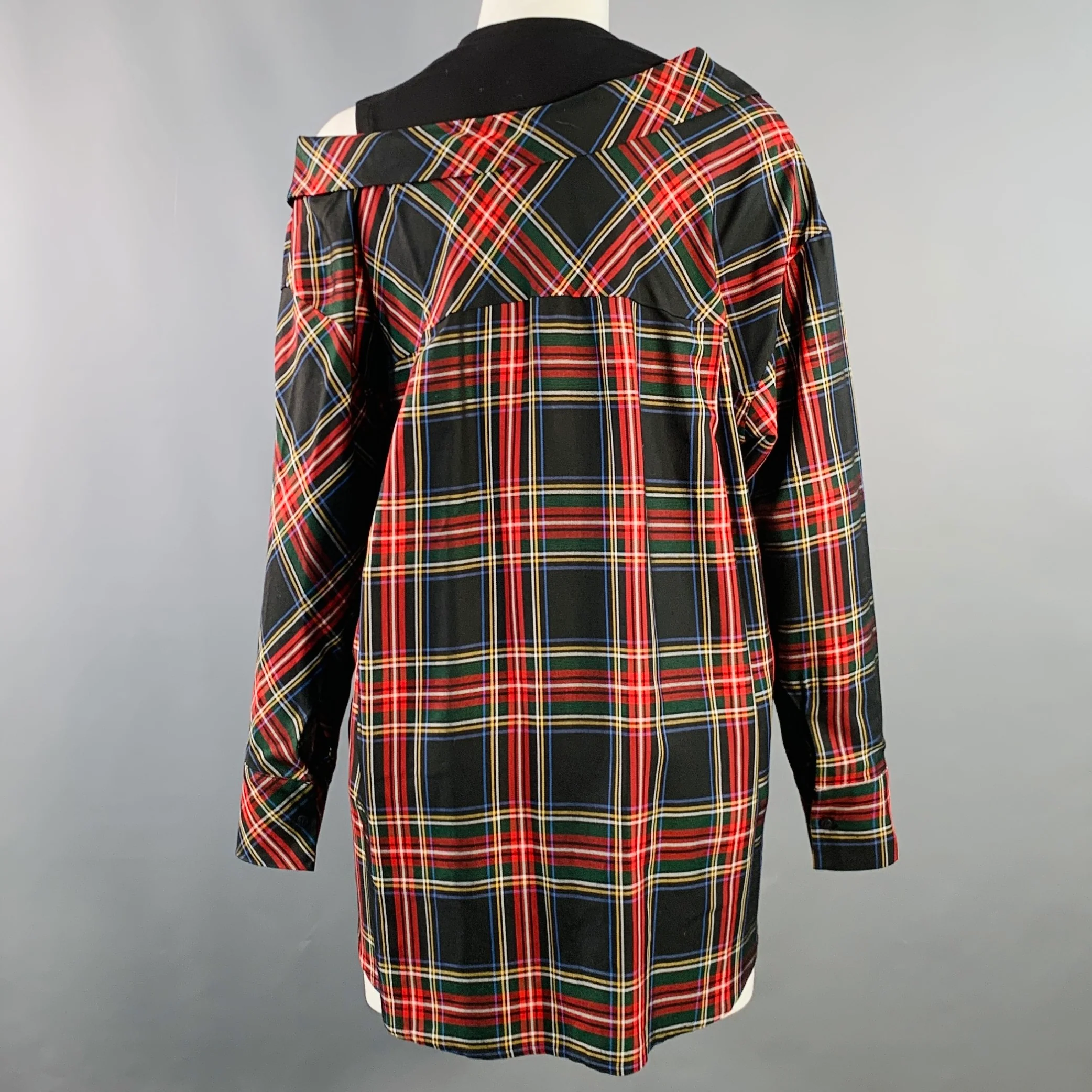 MAJE Size S Black Multi Color Acetate Blend Plaid Asymmetrical Casual Top - Image 4