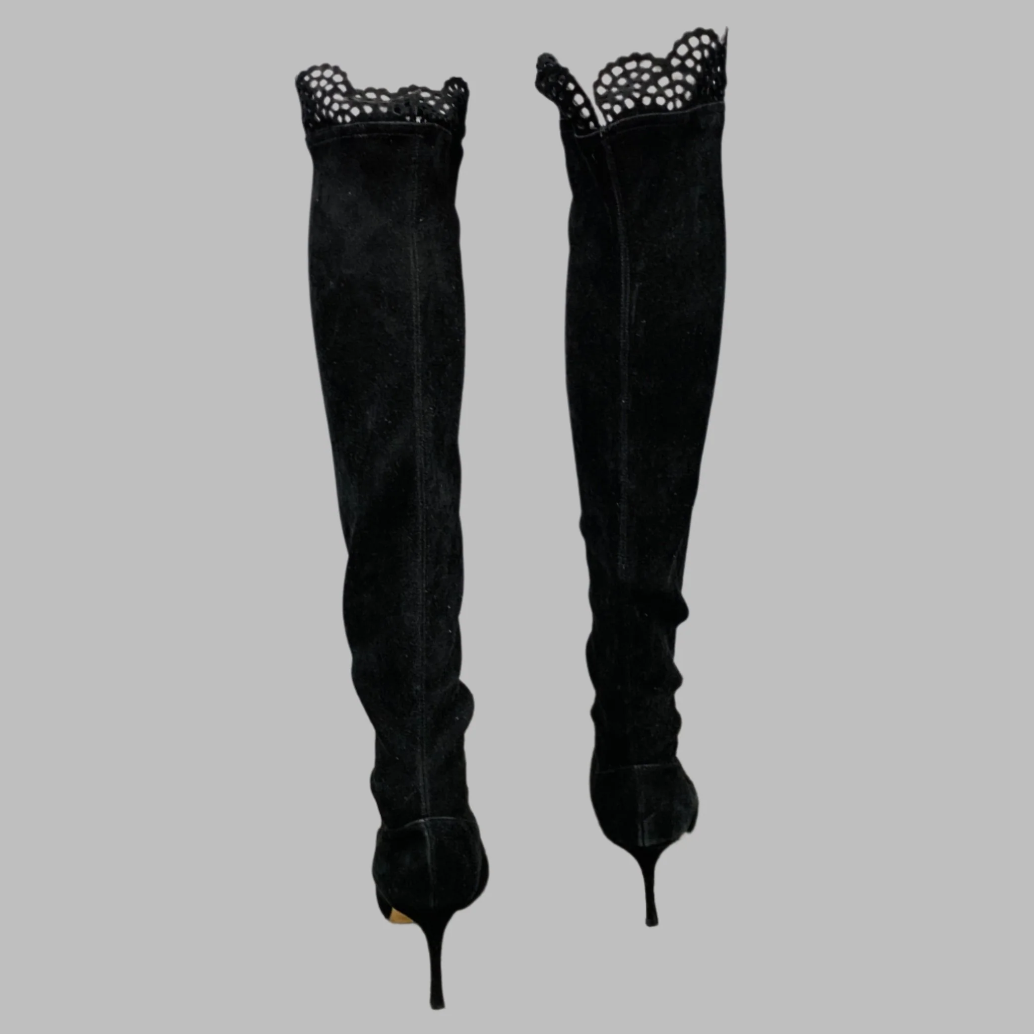 MANOLO BLAHNIK Size 7.5 Black Suede Cut Out Stiletto Boots - Image 3