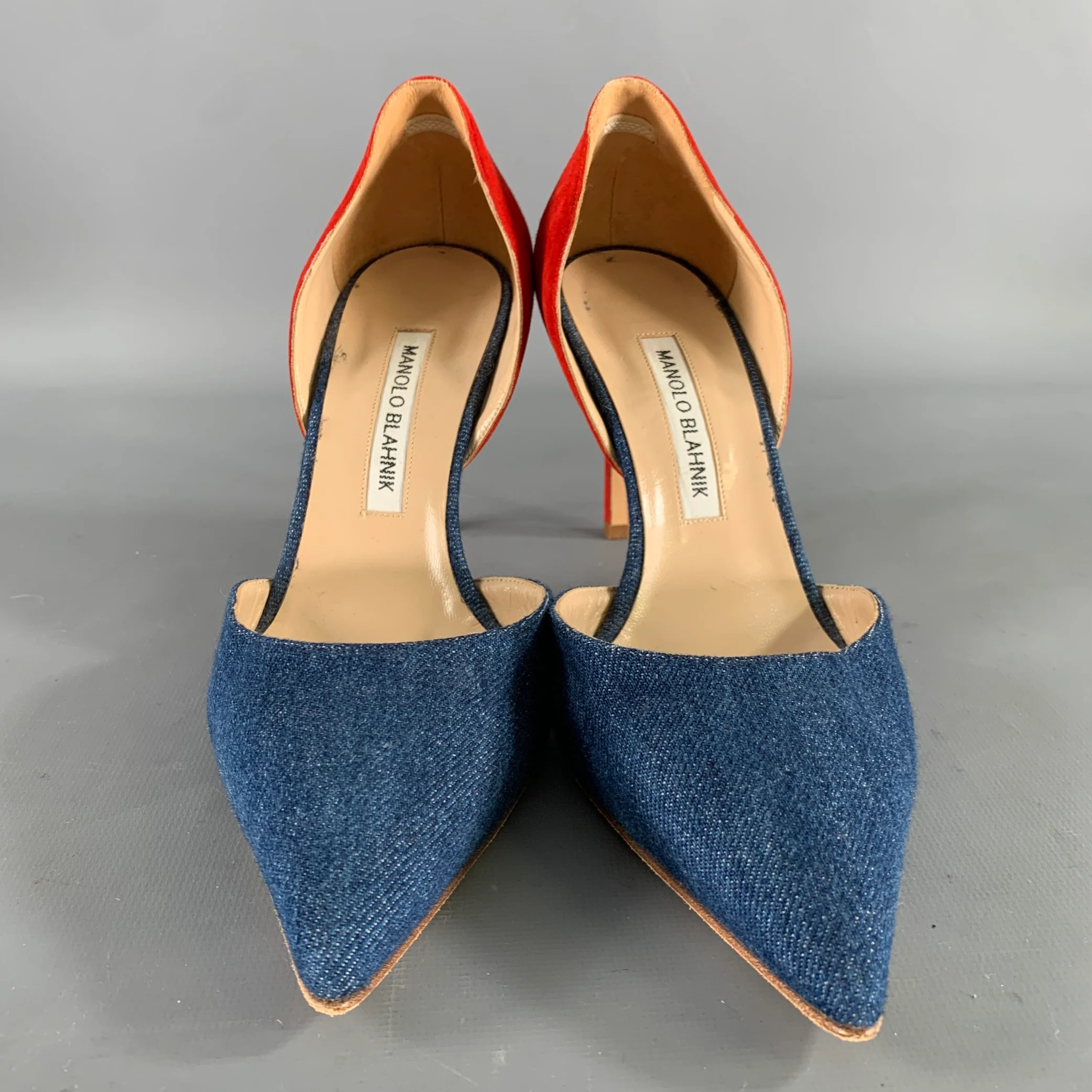 MANOLO BLAHNIK Size 9.5 Blue Red Suede Two Tone Suede Pointed Toe Pumps - Image 4