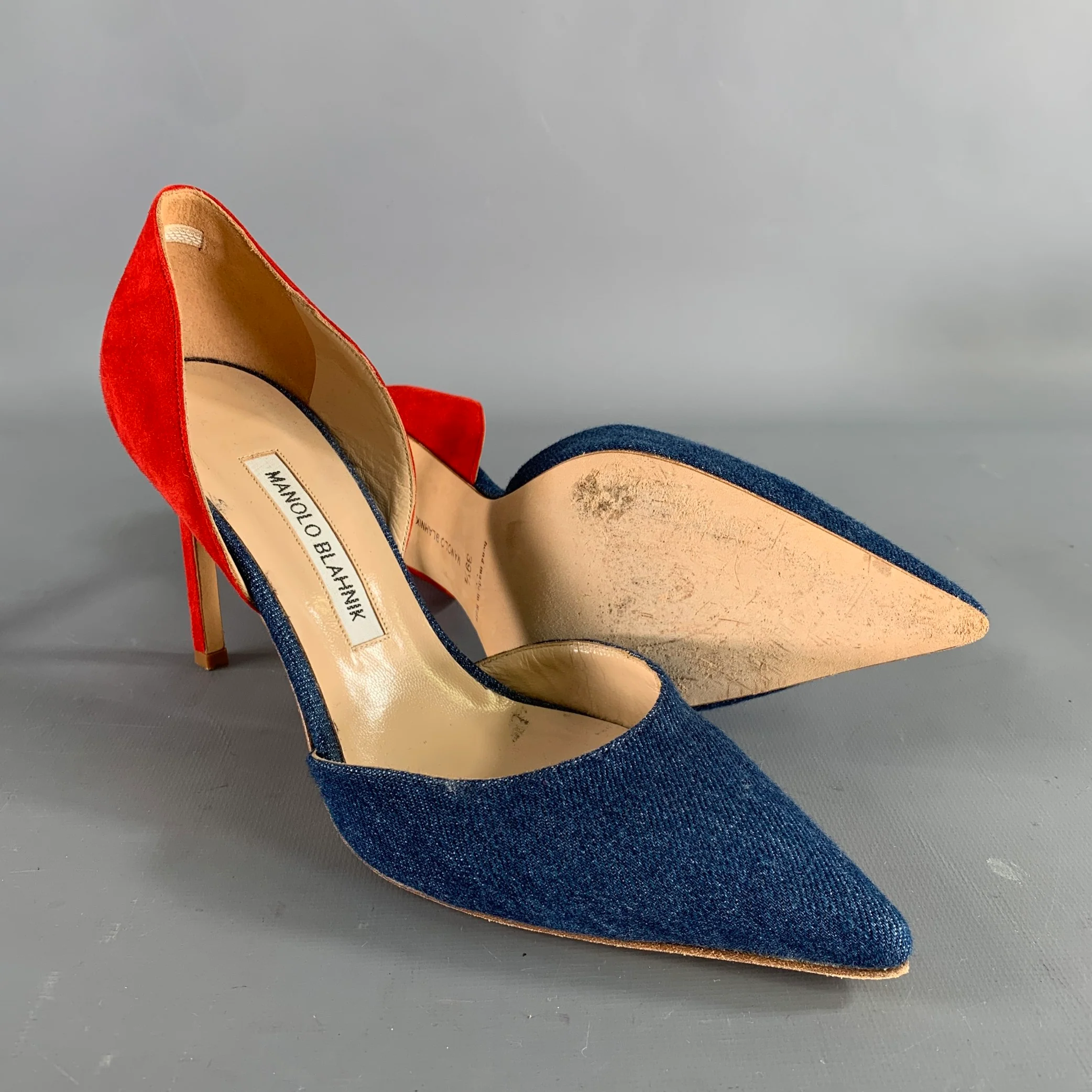 MANOLO BLAHNIK Size 9.5 Blue Red Suede Two Tone Suede Pointed Toe Pumps - Image 5