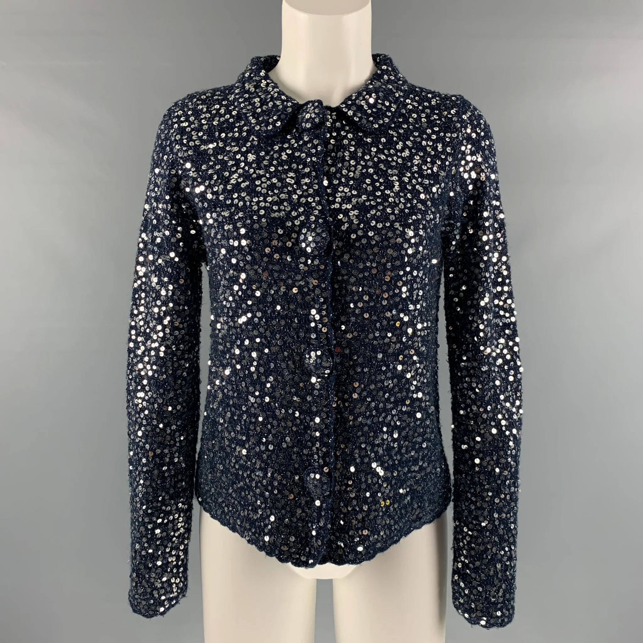 MANOUSH Size M Navy Silver Wool Blend Sequined Cropped Jacket