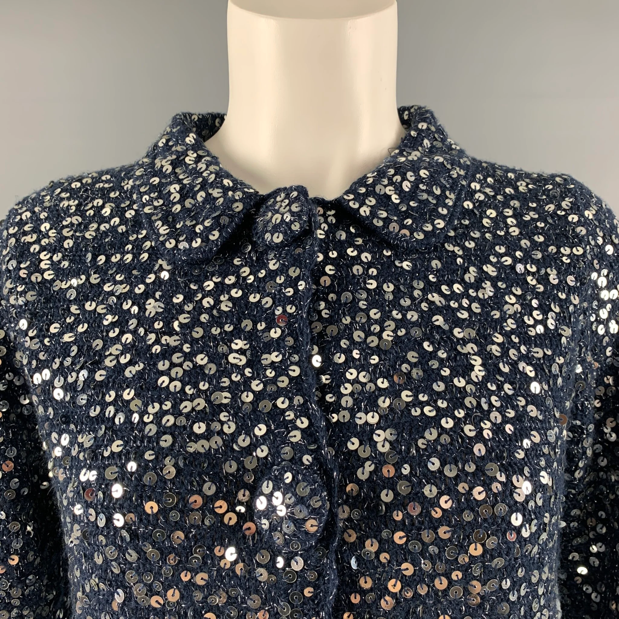 MANOUSH Size M Navy Silver Wool Blend Sequined Cropped Jacket - Image 2