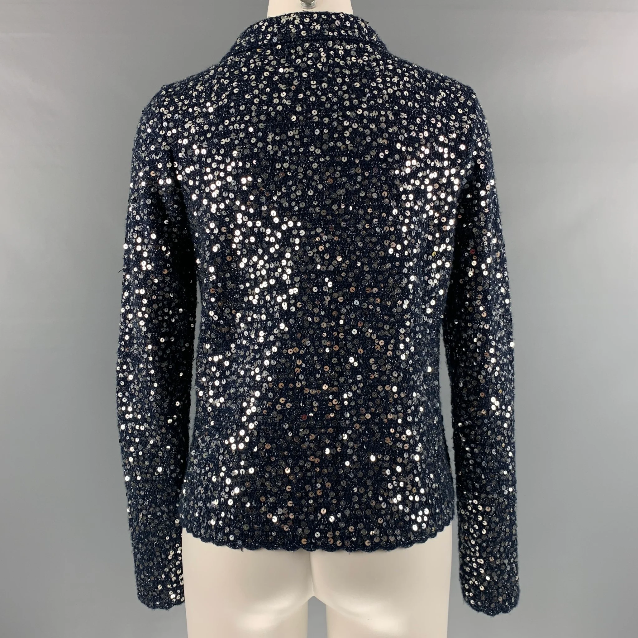 MANOUSH Size M Navy Silver Wool Blend Sequined Cropped Jacket - Image 4