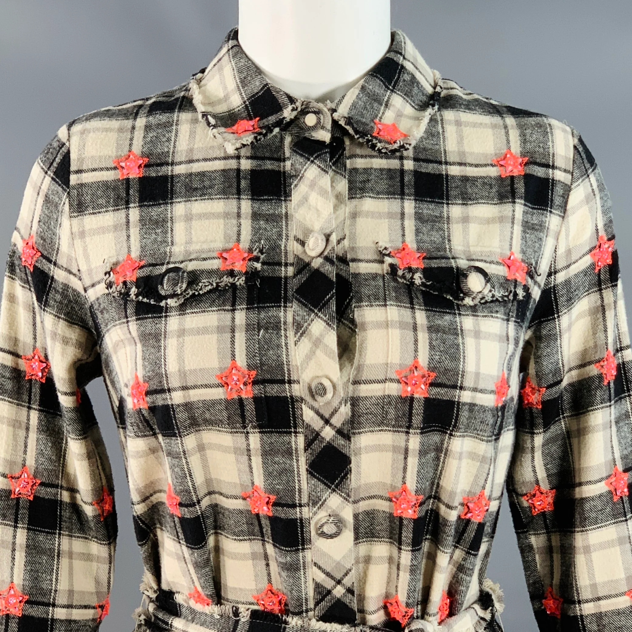 MANOUSH Size S Beige Black Cotton Plaid Raw Edges Belted Mini Shirt Dress - Image 2