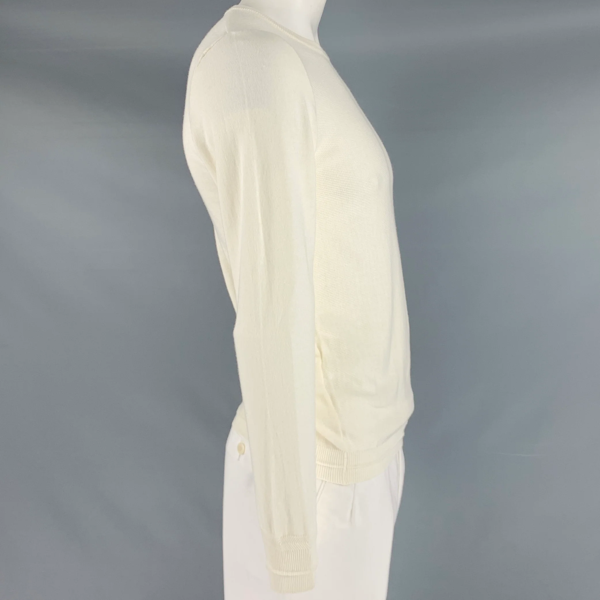 MANUEL RITZ Size L Cream Textured Knit Cotton Crew Neck Pullover - Image 3