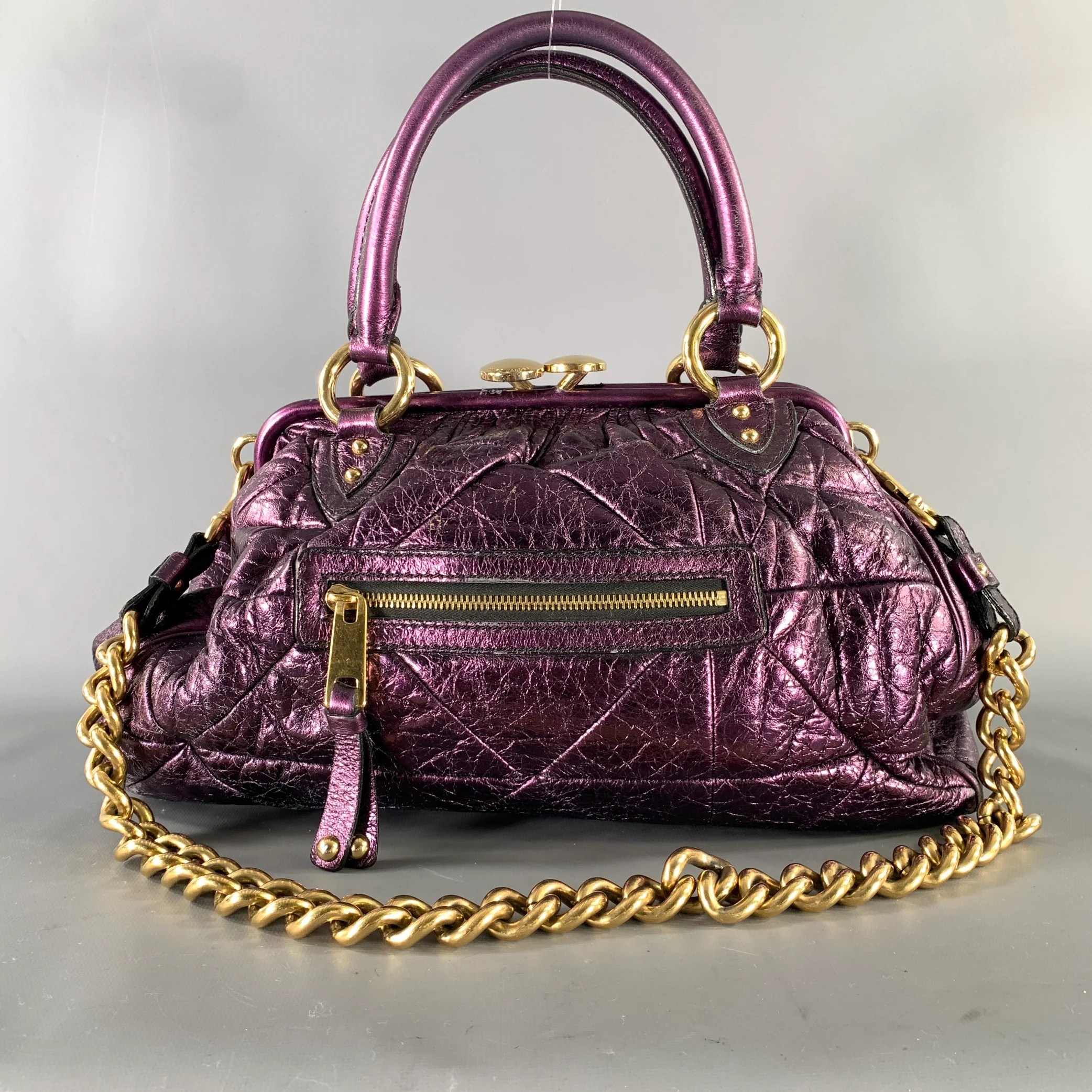 MARC JACOBS Purple Metallic Quilted Leather Satchel- Top Handles Handbag - Image 4