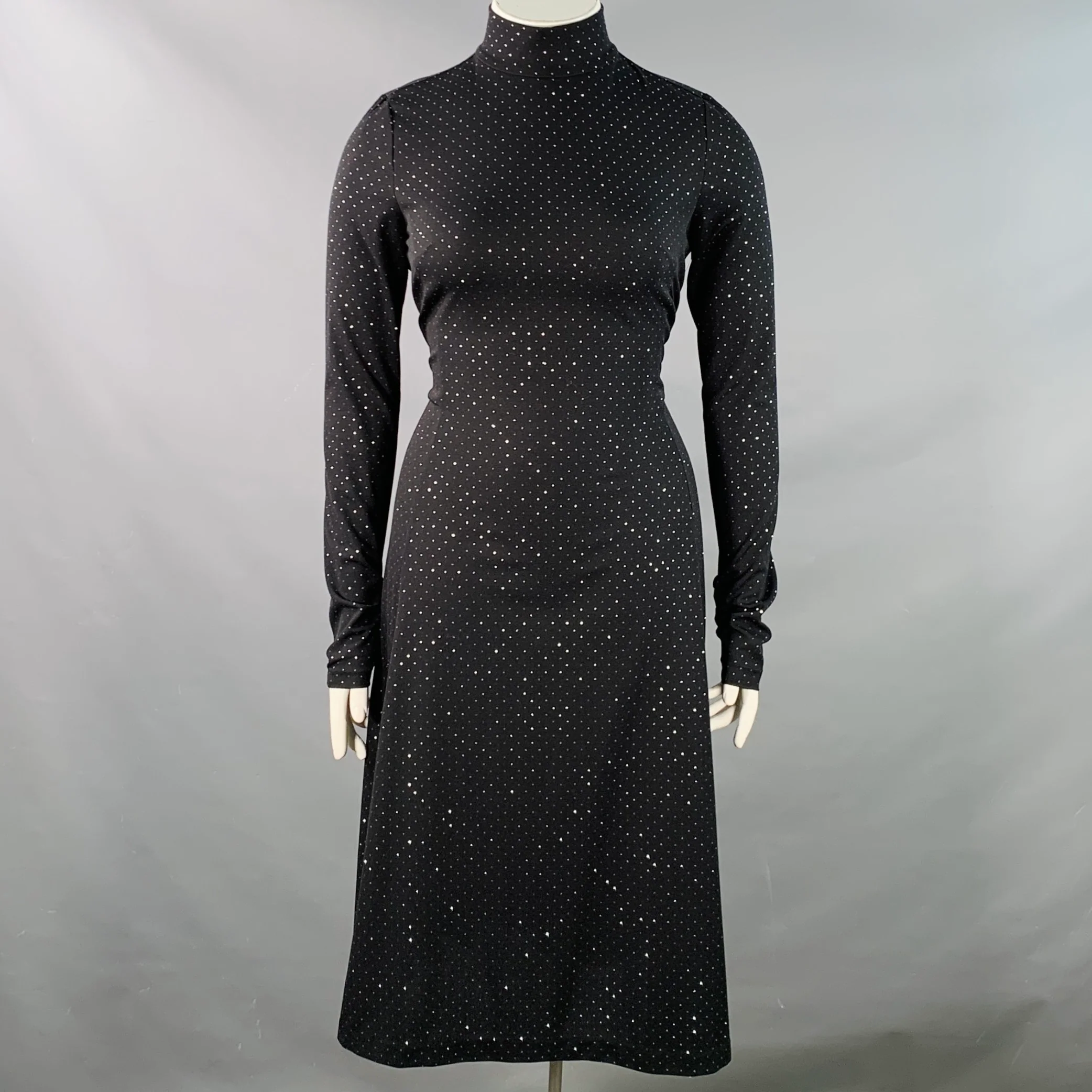 MARC JACOBS RUNWAY Size 10 Black Silver Dots Long Sleeve High Neck Bow A-Line Dress