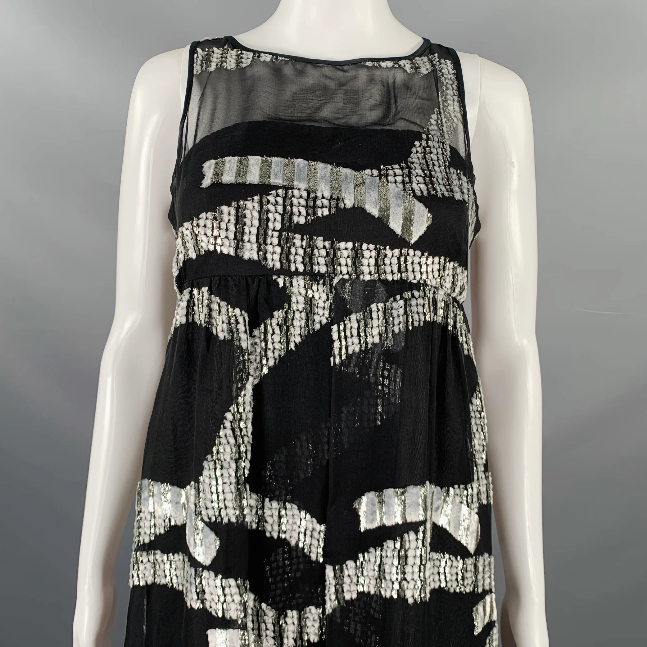 MARC JACOBS Size 0 Black Silver Silk Blend Jacquard Sleeveless Dress - Image 2