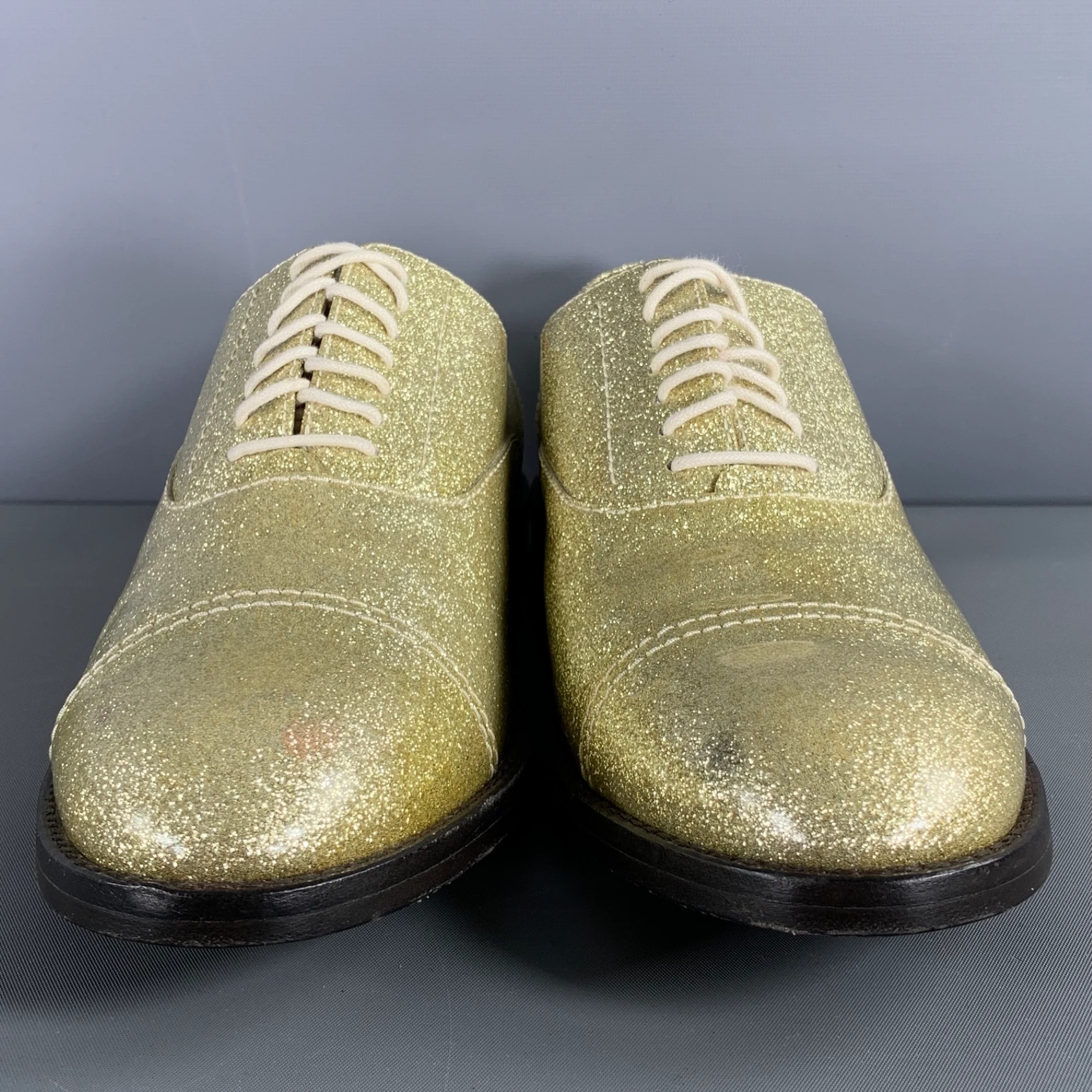 MARC JACOBS Size 10 Gold Leather Metallic Lace Up Laces - Image 3