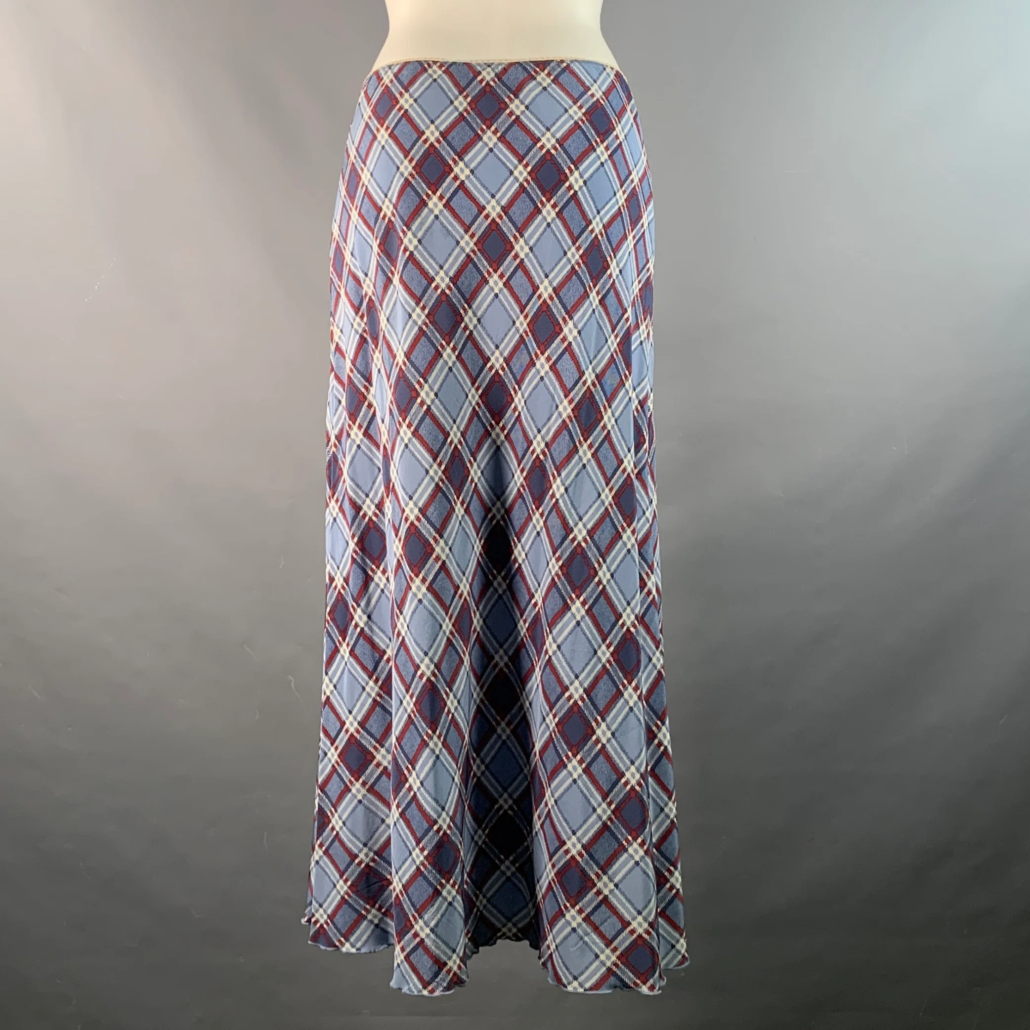 MARC JACOBS Size 2 Blue Burgundy Silk Plaid A-Line Skirt - Image 2