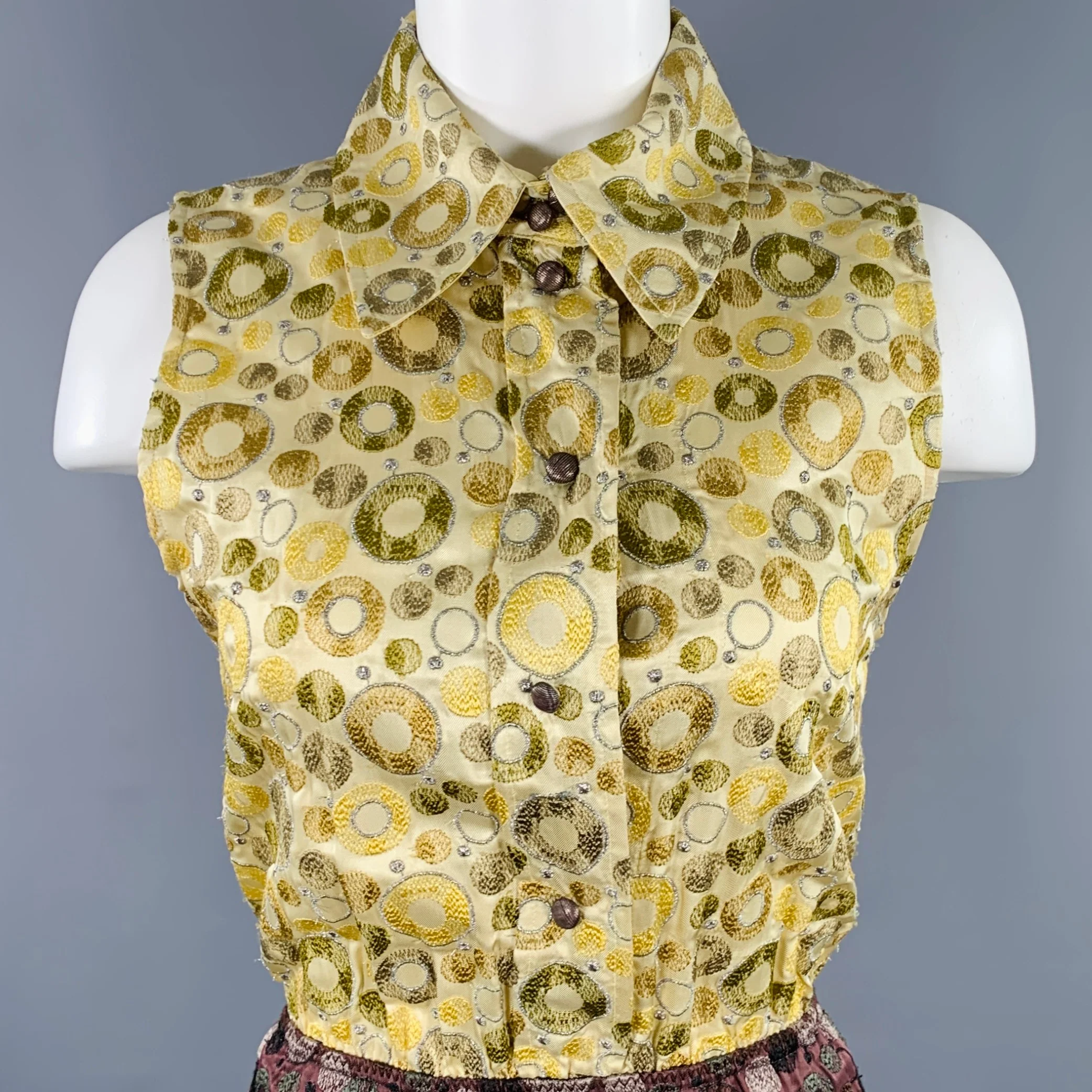 MARC JACOBS Size 4 Yellow Brown Rayon Silk Embroidered Elastic Waistband Dress - Image 2