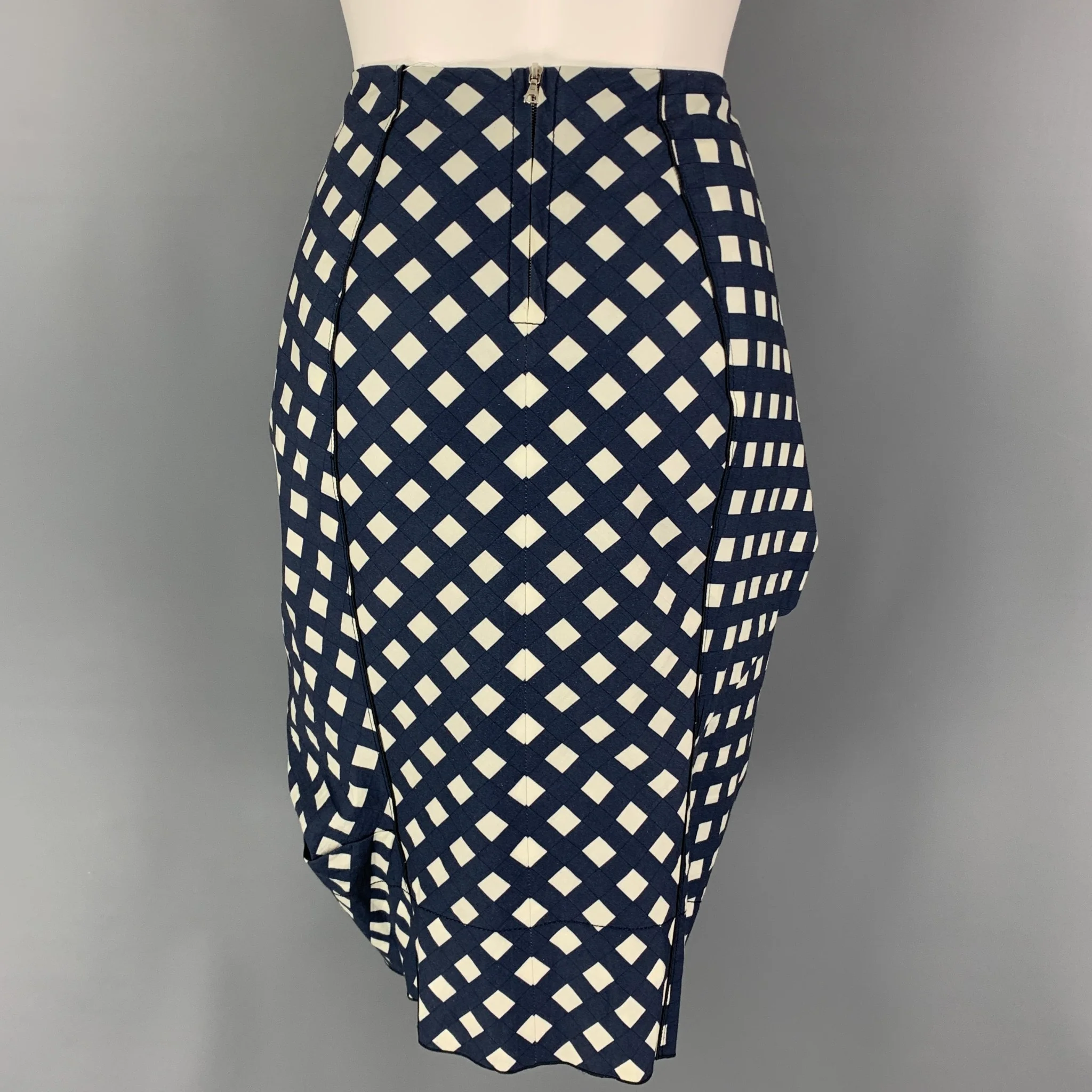 MARC JACOBS Size 6 Navy White Cotton Checkered Ruched Skirt - Image 3