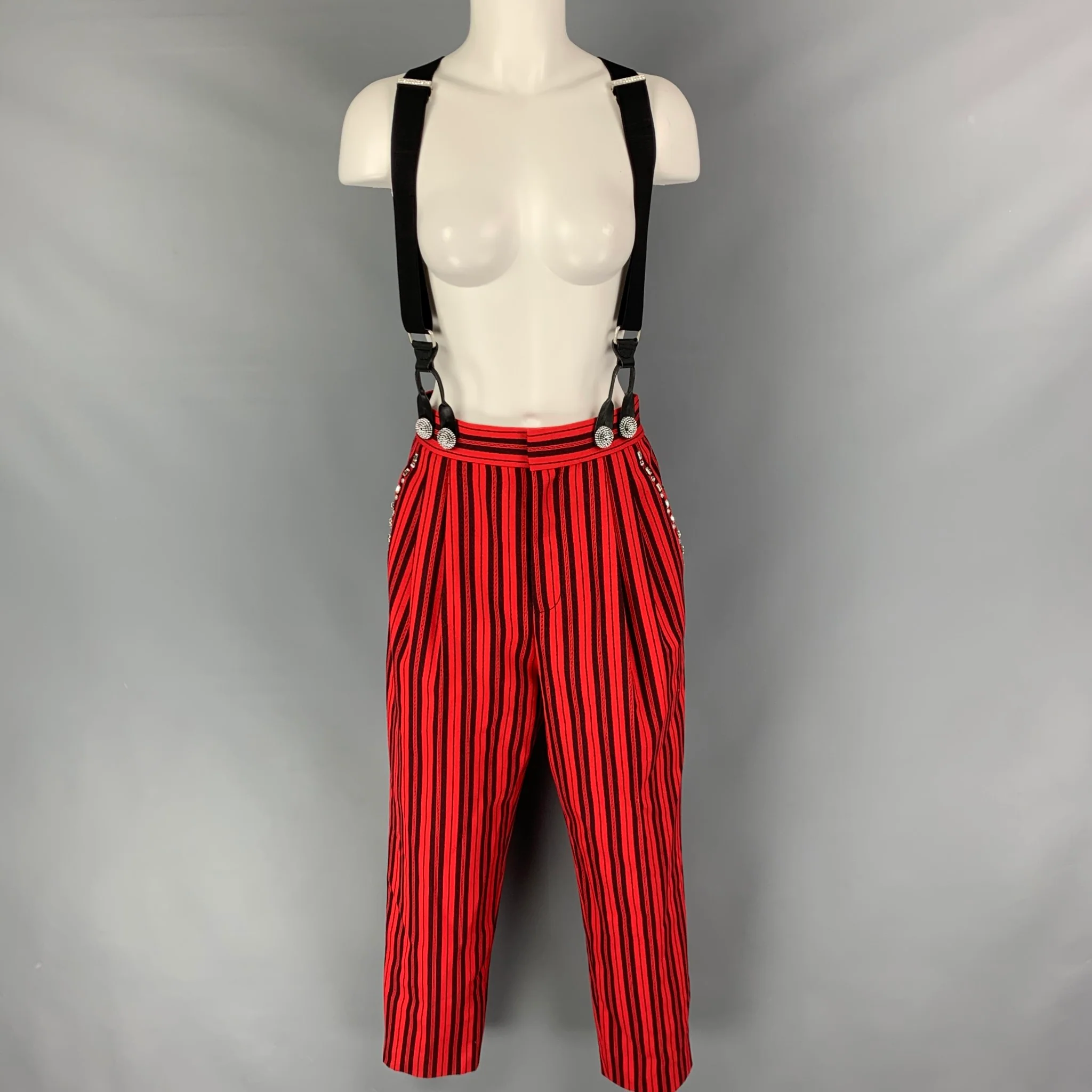 MARC JACOBS Size 6 Red Black Wool Stripe Zip Fly Dress Pants