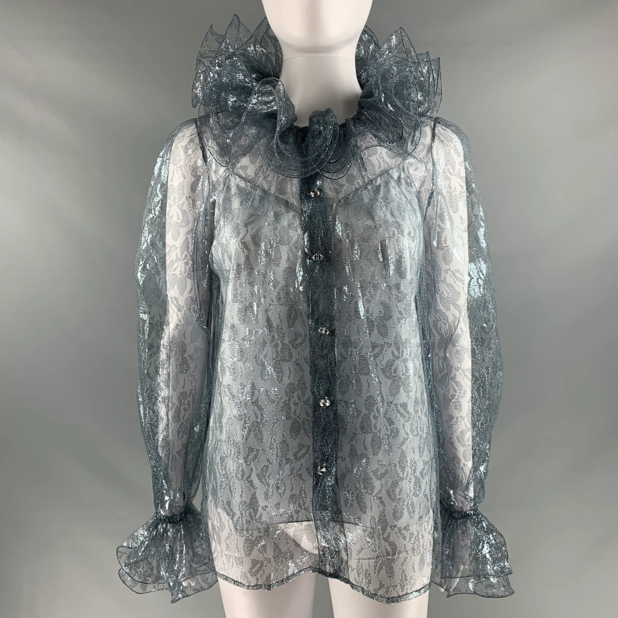 MARC JACOBS Size 6 Silver Metallized Fiber Lace Ruffle Blouse