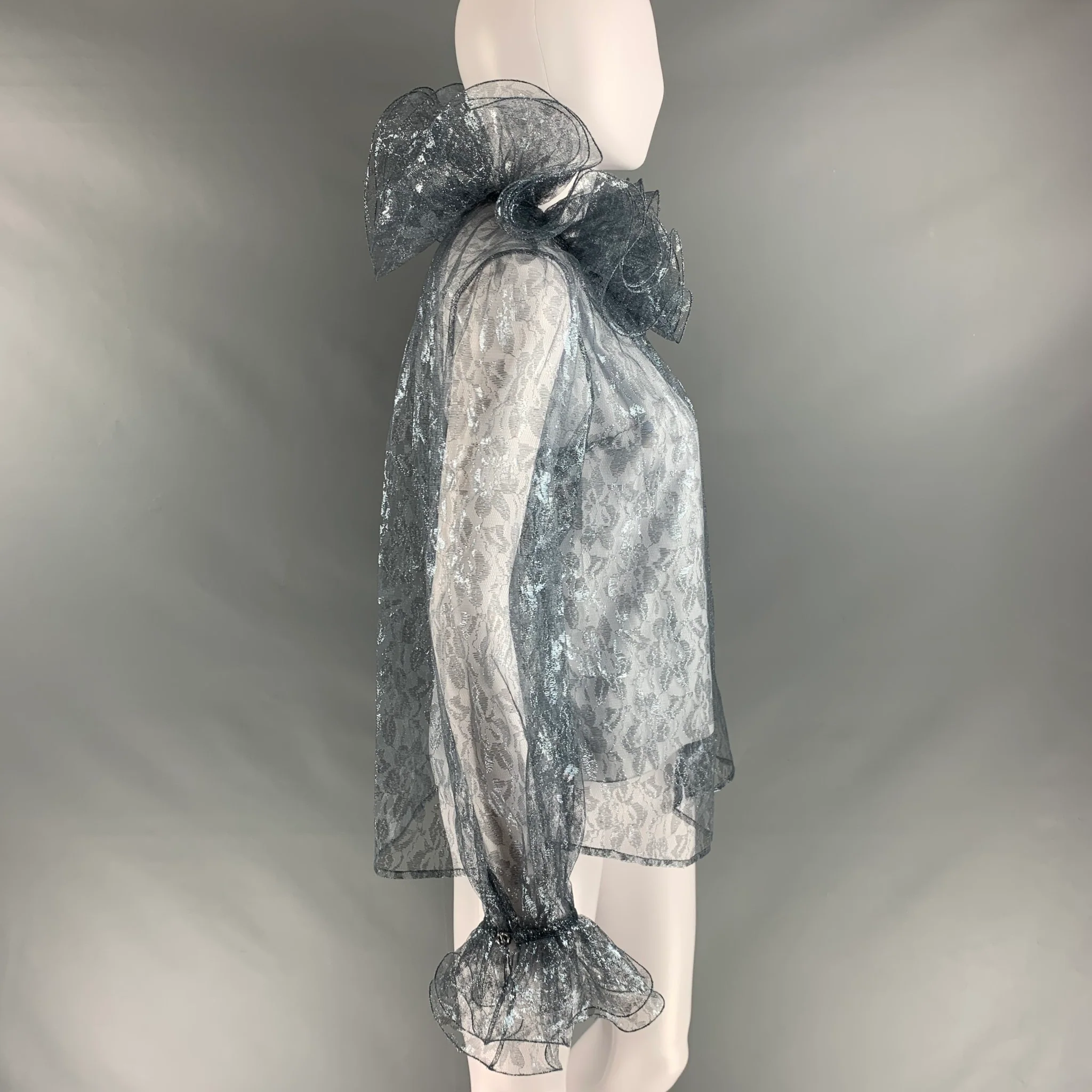 MARC JACOBS Size 6 Silver Metallized Fiber Lace Ruffle Blouse - Image 3
