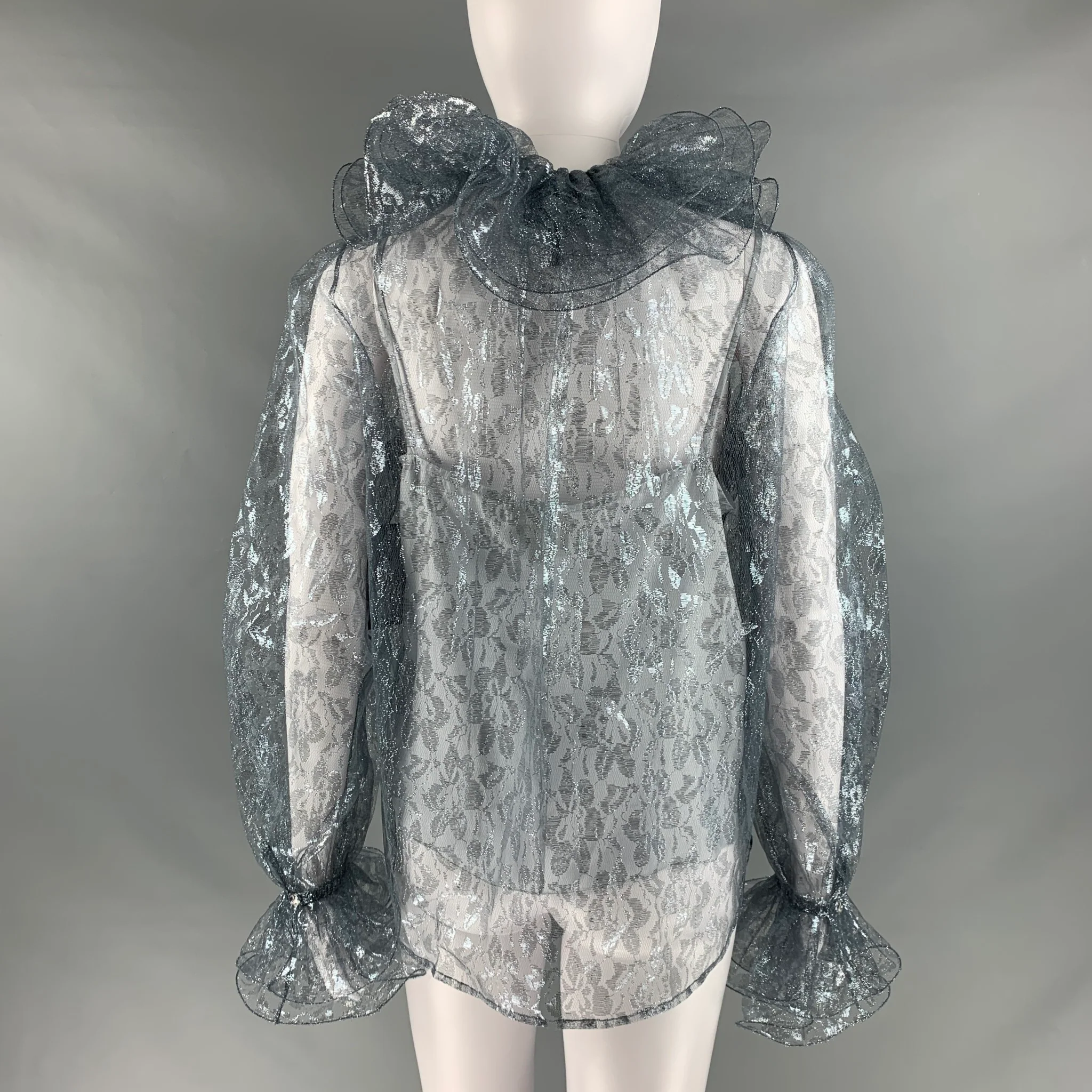 MARC JACOBS Size 6 Silver Metallized Fiber Lace Ruffle Blouse - Image 4