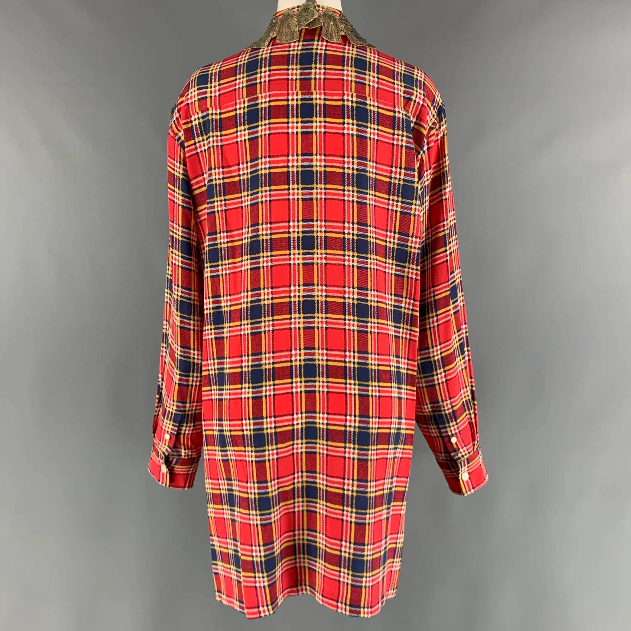 MARC JACOBS Size 8 Red Yellow/Blue Silk Plaid Long Shirt - Image 4
