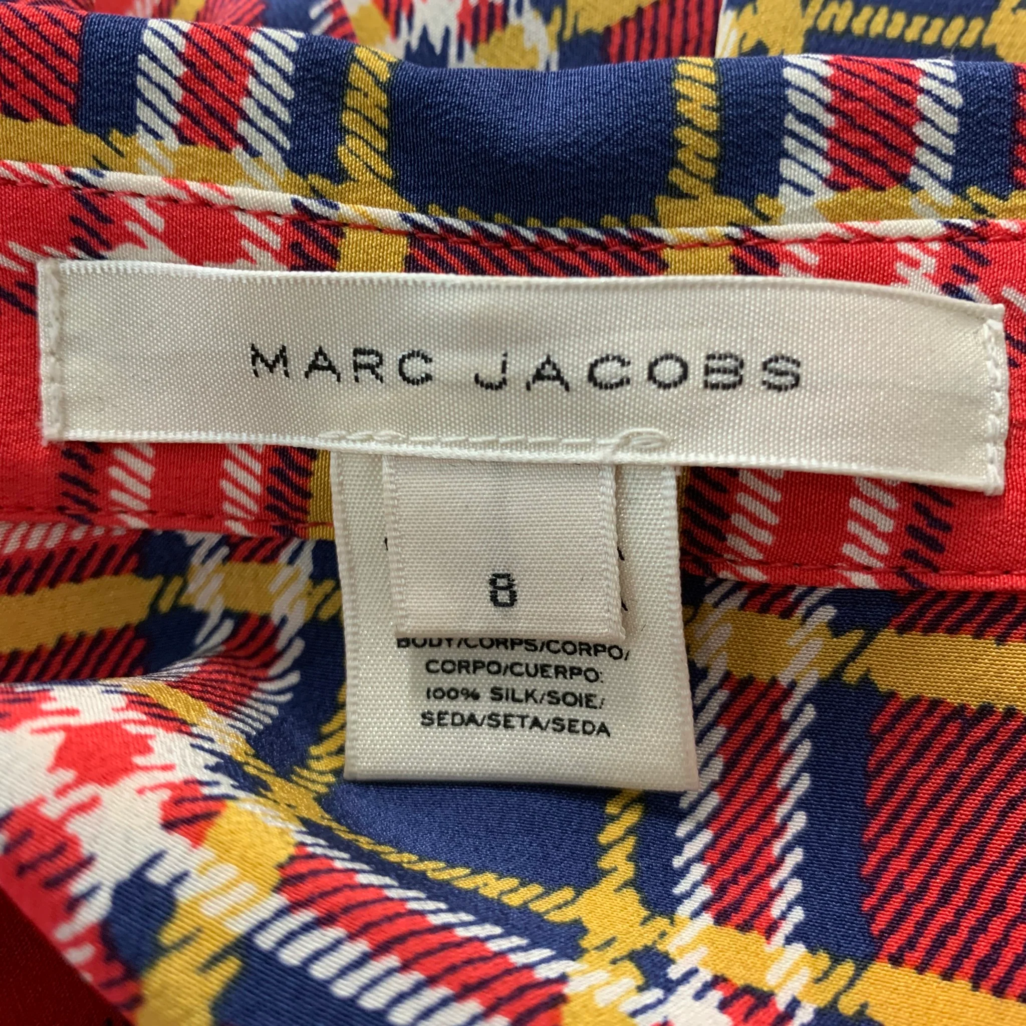 MARC JACOBS Size 8 Red Yellow/Blue Silk Plaid Long Shirt - Image 5