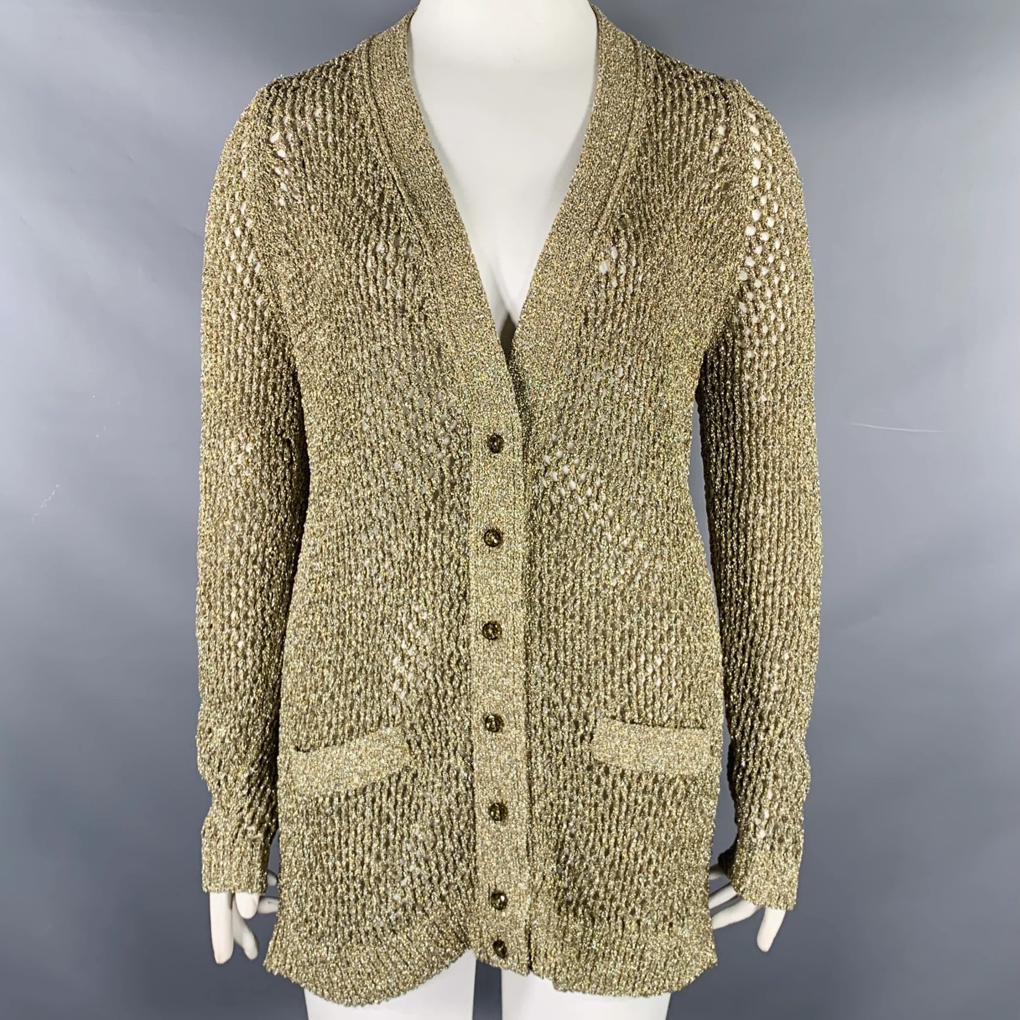 MARC JACOBS Size L Runway 2018 Gold Nylon Metallic Knit Mesh Cardigan
