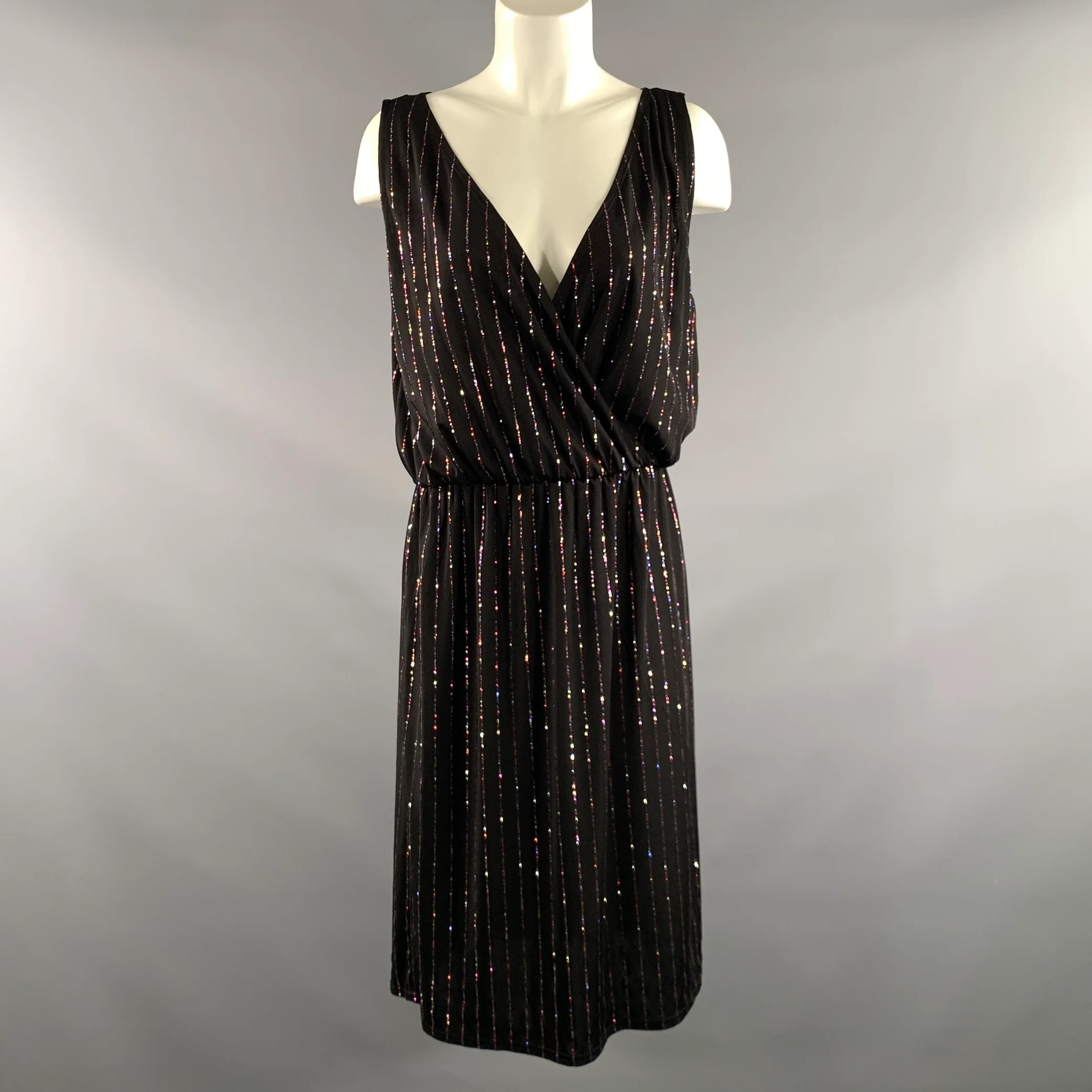 MARC JACOBS Size M Black Multi Color Polyester Stripe Mid-Calf Cocktail Dress