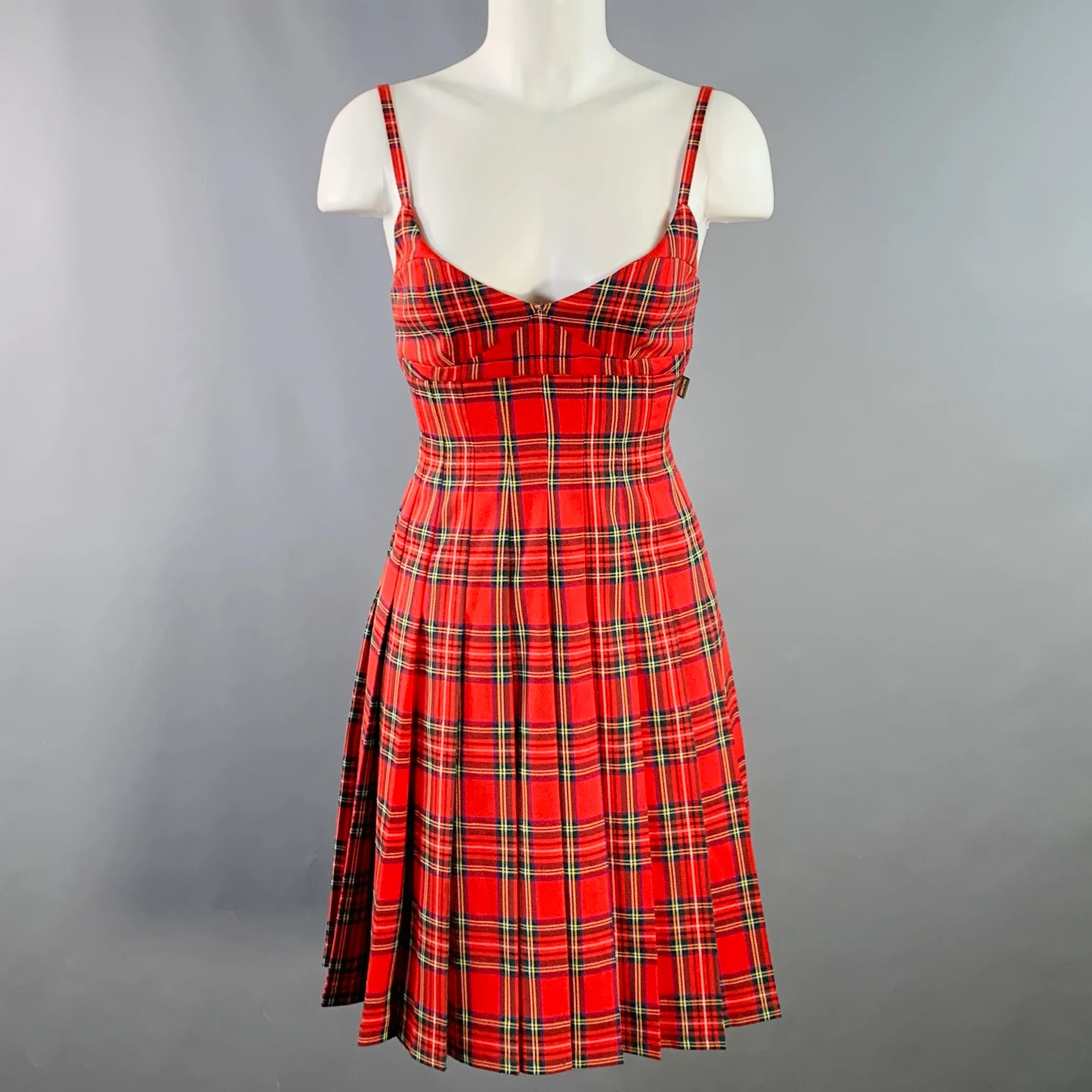 MARC JACOBS Size XS Red Multi Color Polyester Blend Plaid Pleated Dress