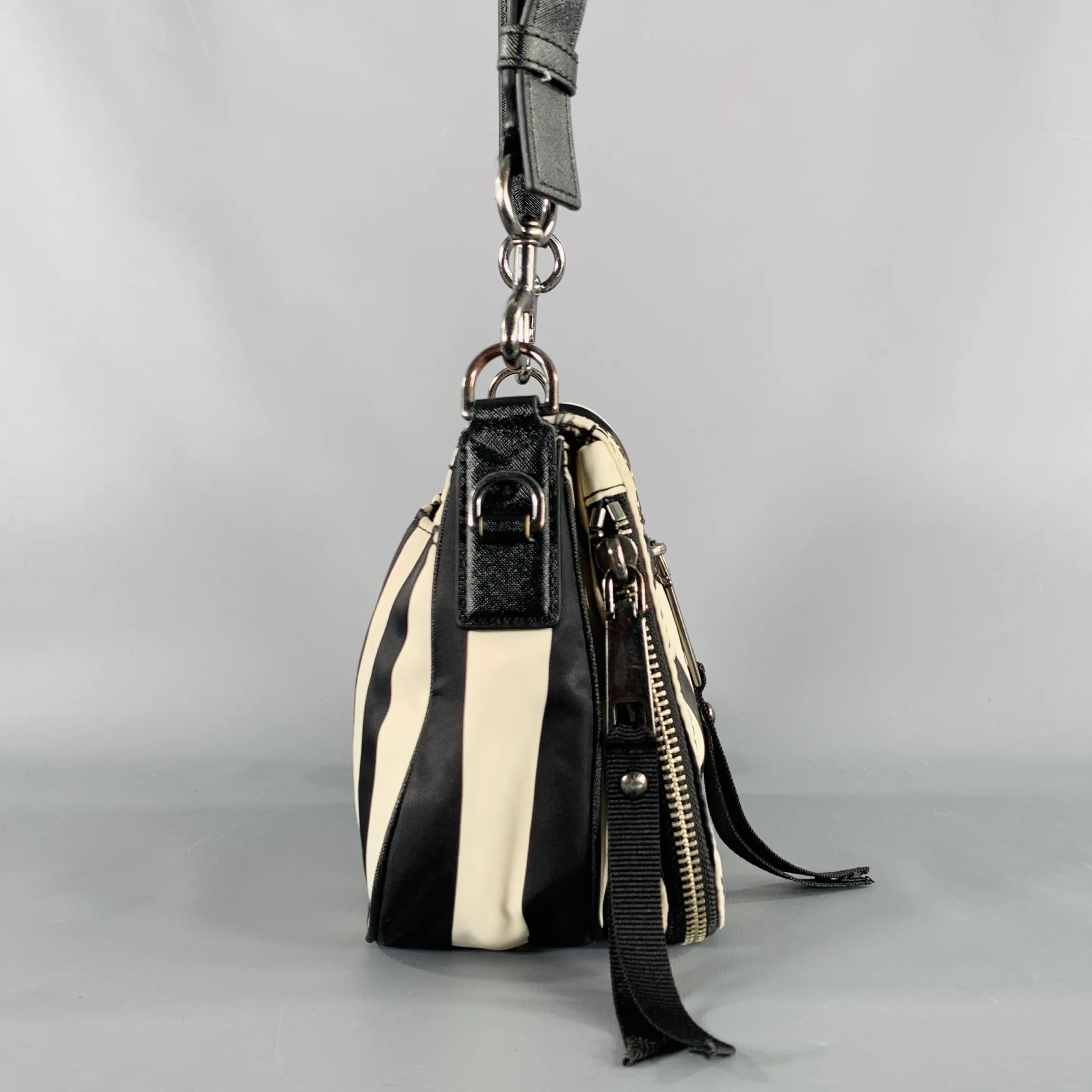 MARC JACOBS Trooper Nomad Black Cream Stripe Nylon Leather Cross Body Handbag - Image 3