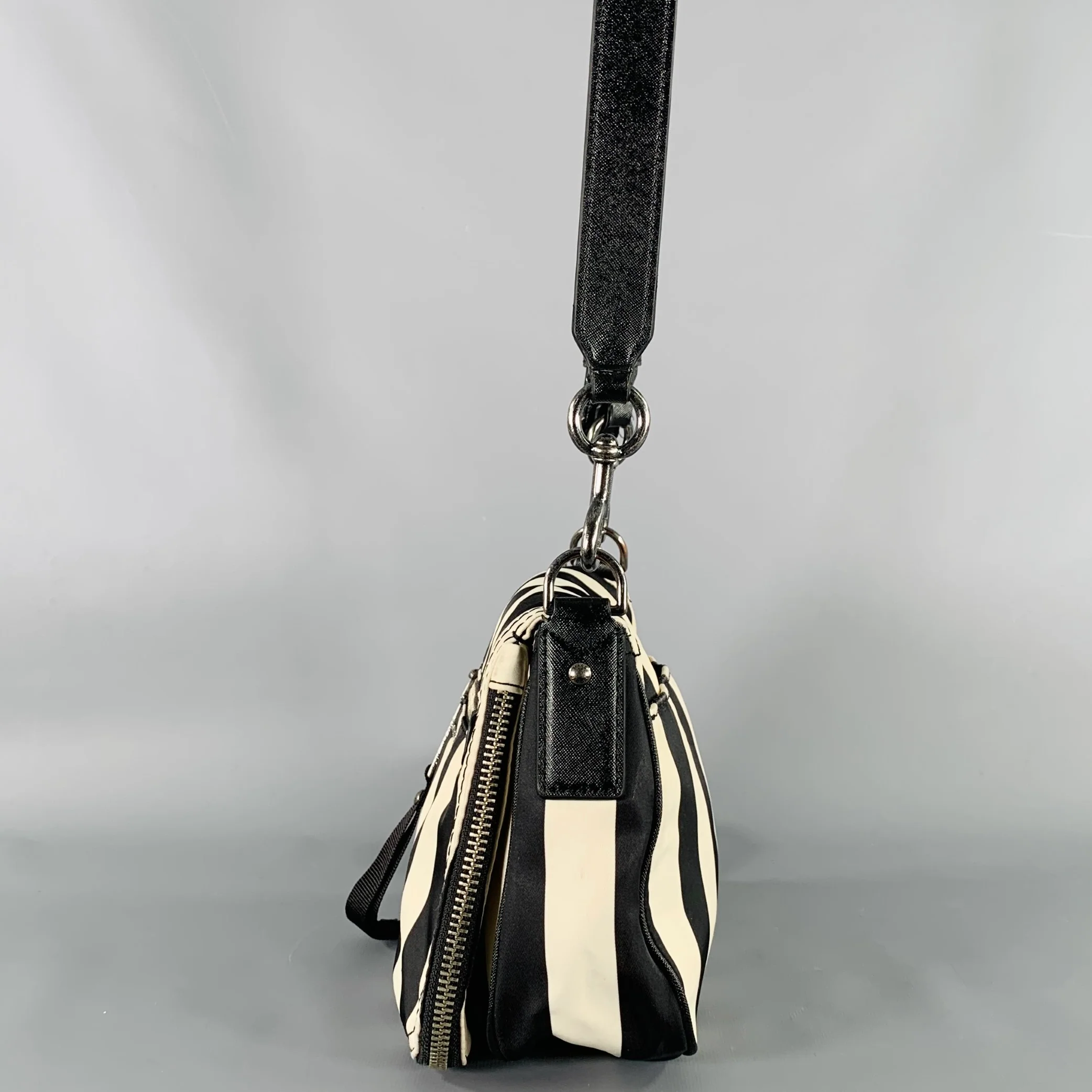 MARC JACOBS Trooper Nomad Black Cream Stripe Nylon Leather Cross Body Handbag - Image 5