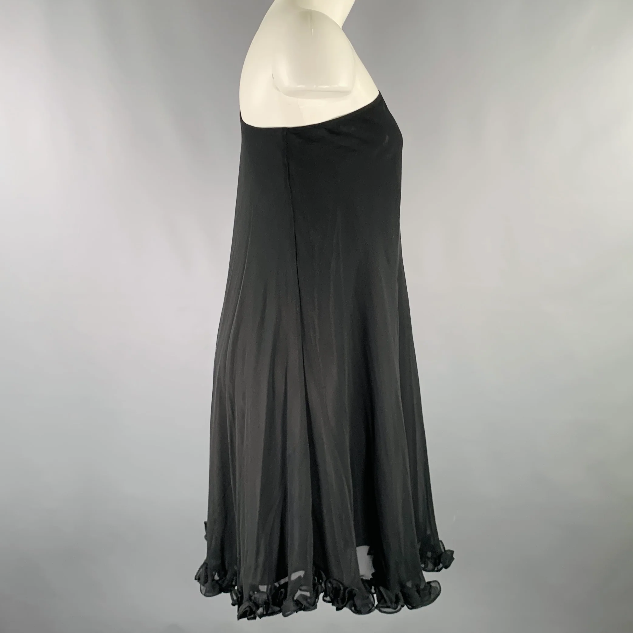 MARCHESA NOTTE Size 4 Black Silk Ruffled One Shoulder Cocktail Dress - Image 3