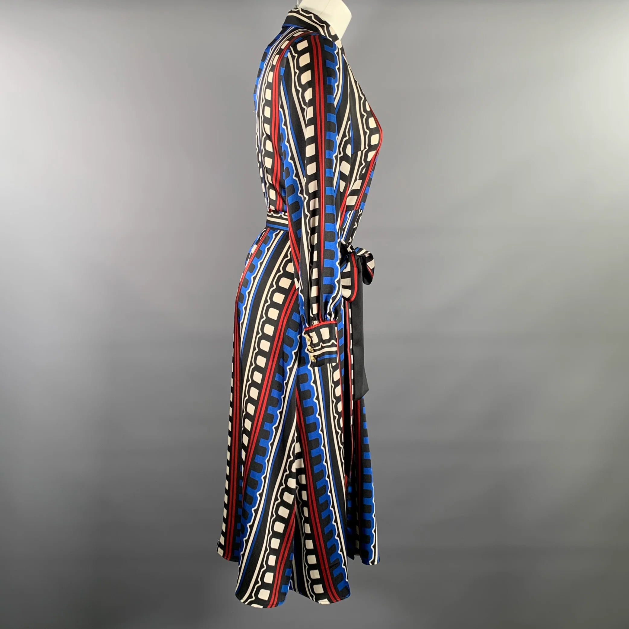 MARELLA Black White & Navy Polyester Geometric Midi Dress - Image 2
