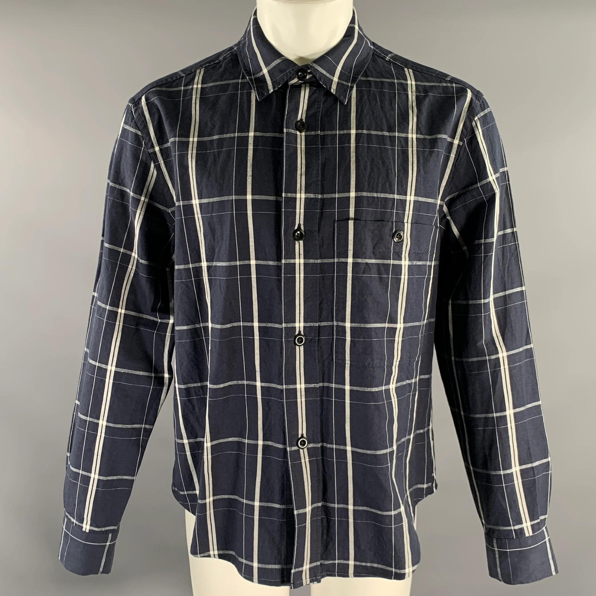 MARGARET HOWELL Size M White Navy Tartan Linen Cotton Wool Long Sleeve Shirt