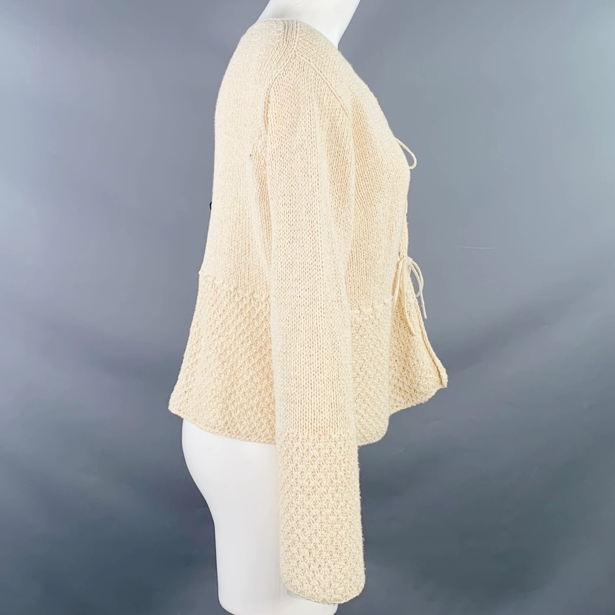 MARGARET OLEARY Size 2 Beige Cotton Silk Textured Knit Tied Front Cardigan - Image 2