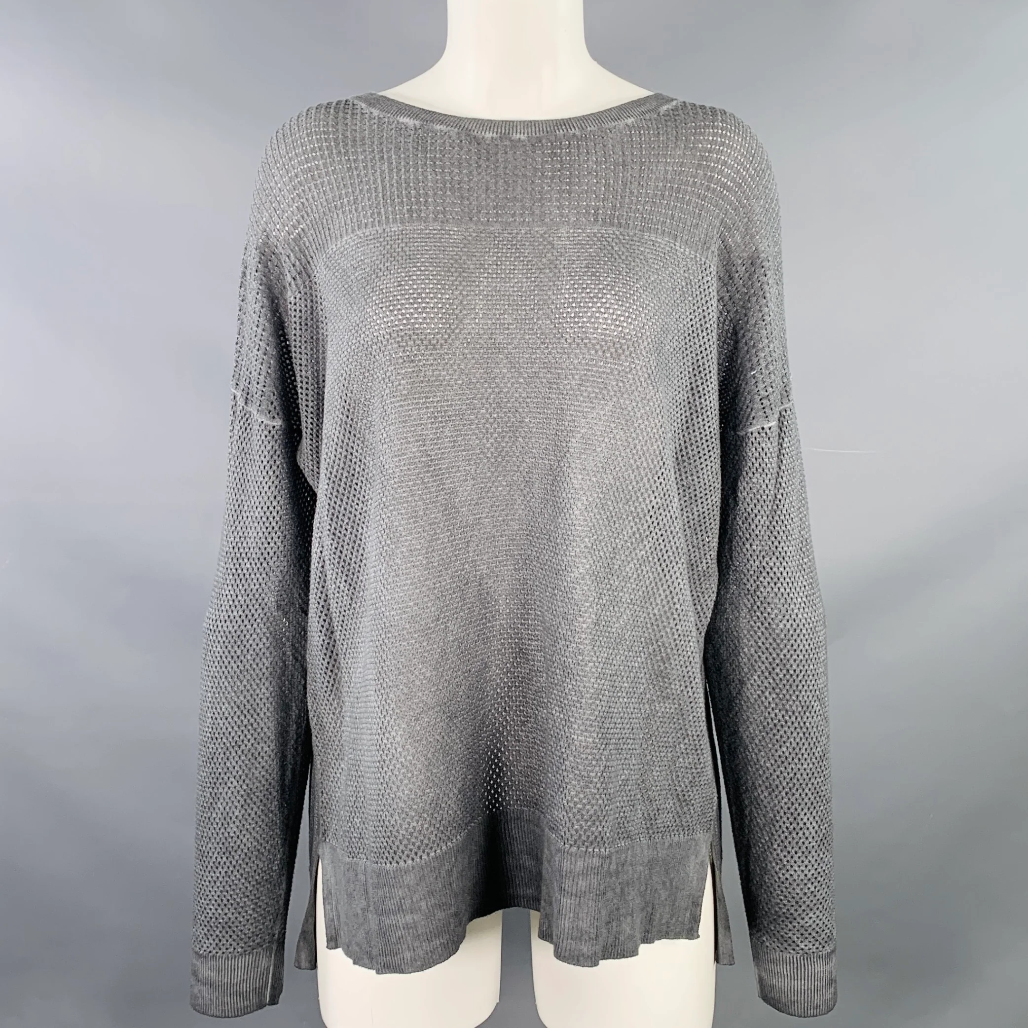 MARGARET OLEARY Size M Grey Cotton Waffle Knit Long Sleeve Casual Top