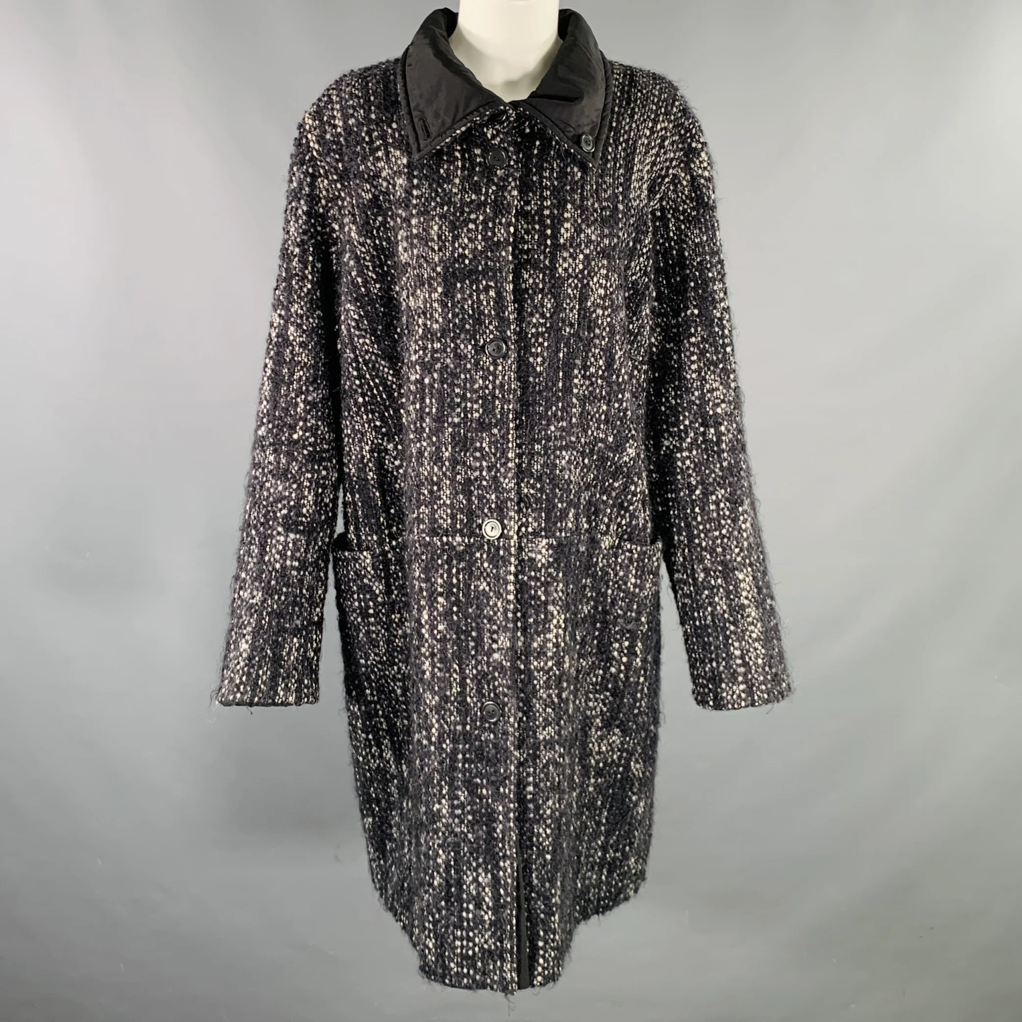 MARINA RINALDI Size M Black White Wool Blend Tweed Reversible Coat