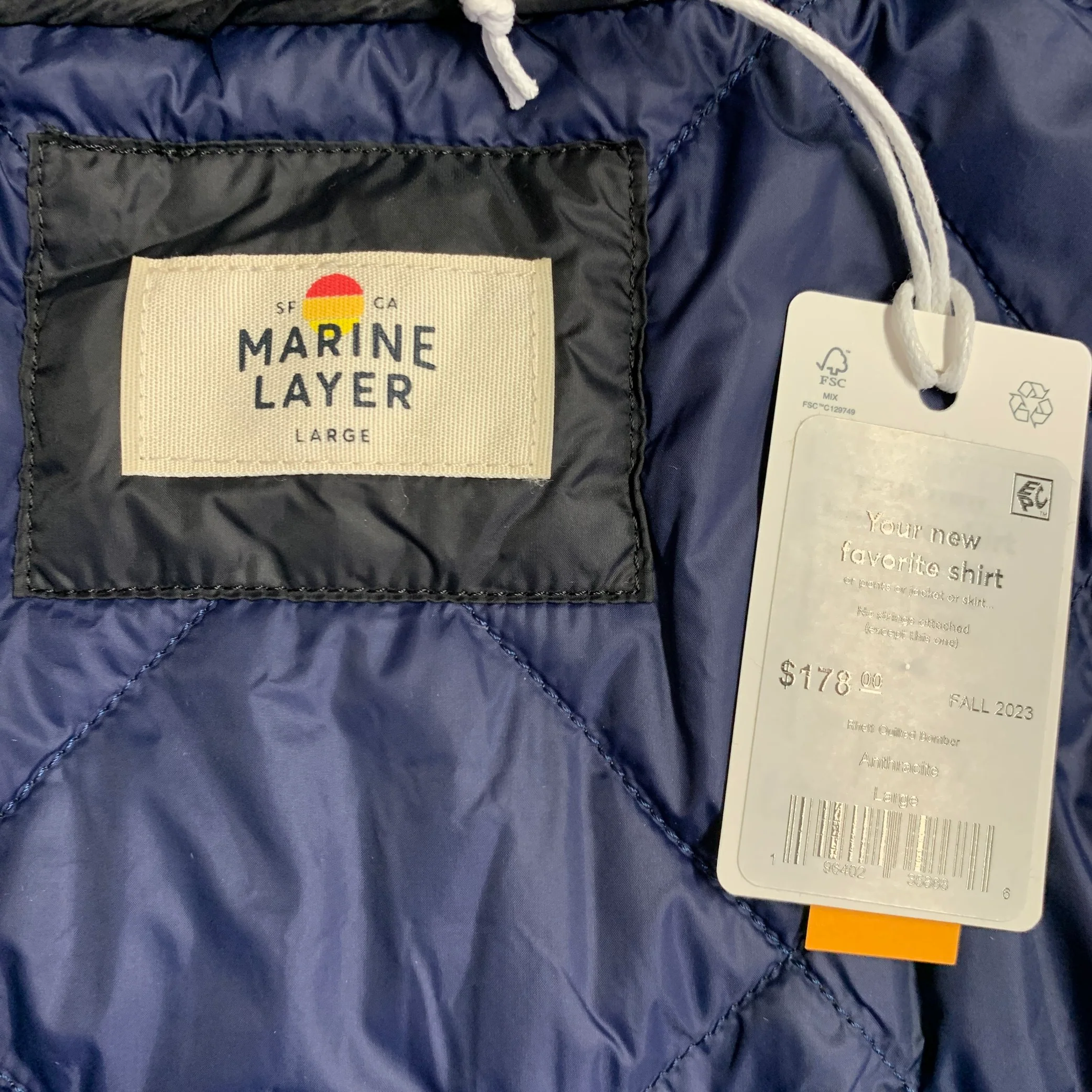 MARINE LAYER Fall 2023 Size L Rhett Navy Quilted Nylon Zip Up Jacket - Image 4