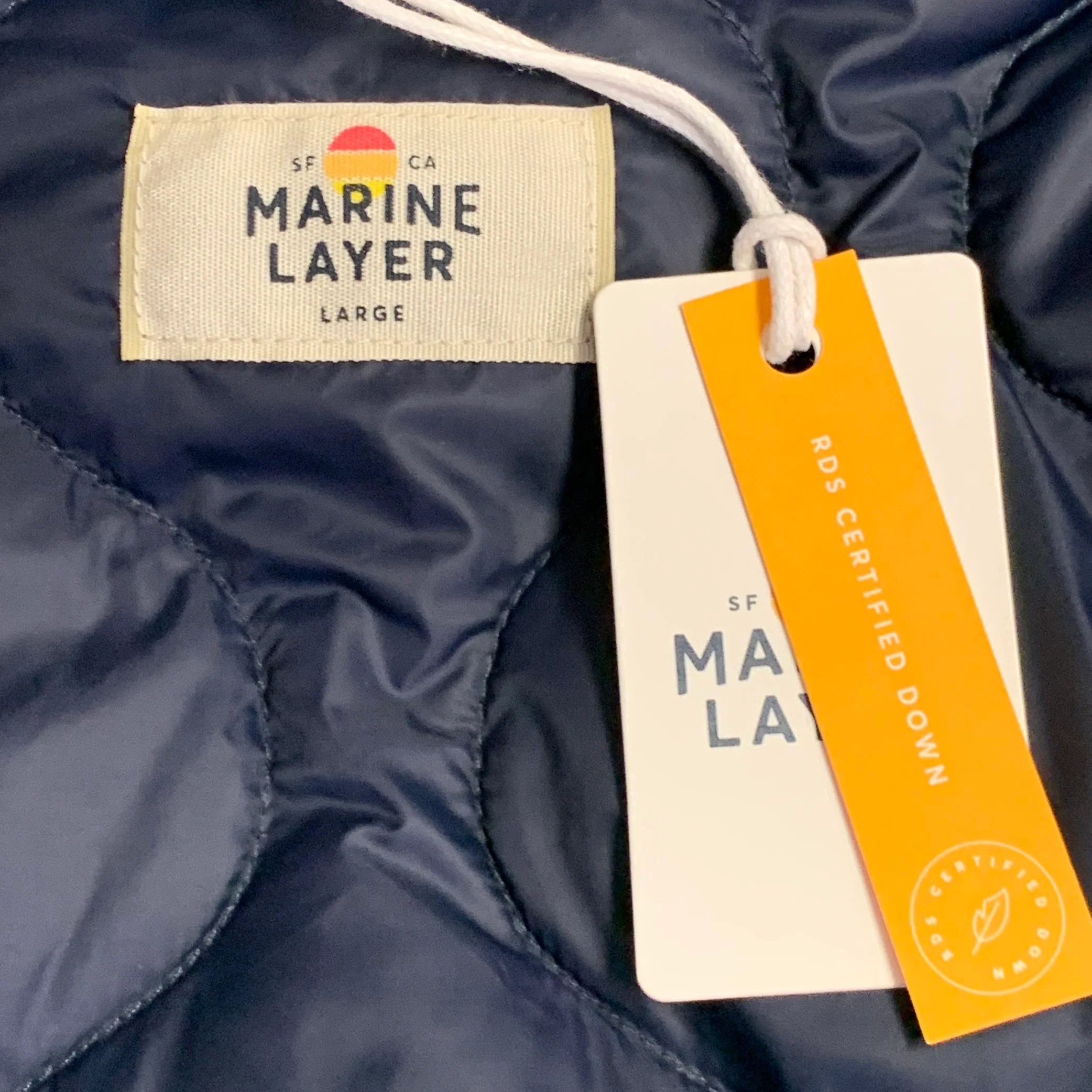 MARINE LAYER Holiday 2023 Size L Navy Quilted Nylon One Pocket Puffer Jacket - Image 4